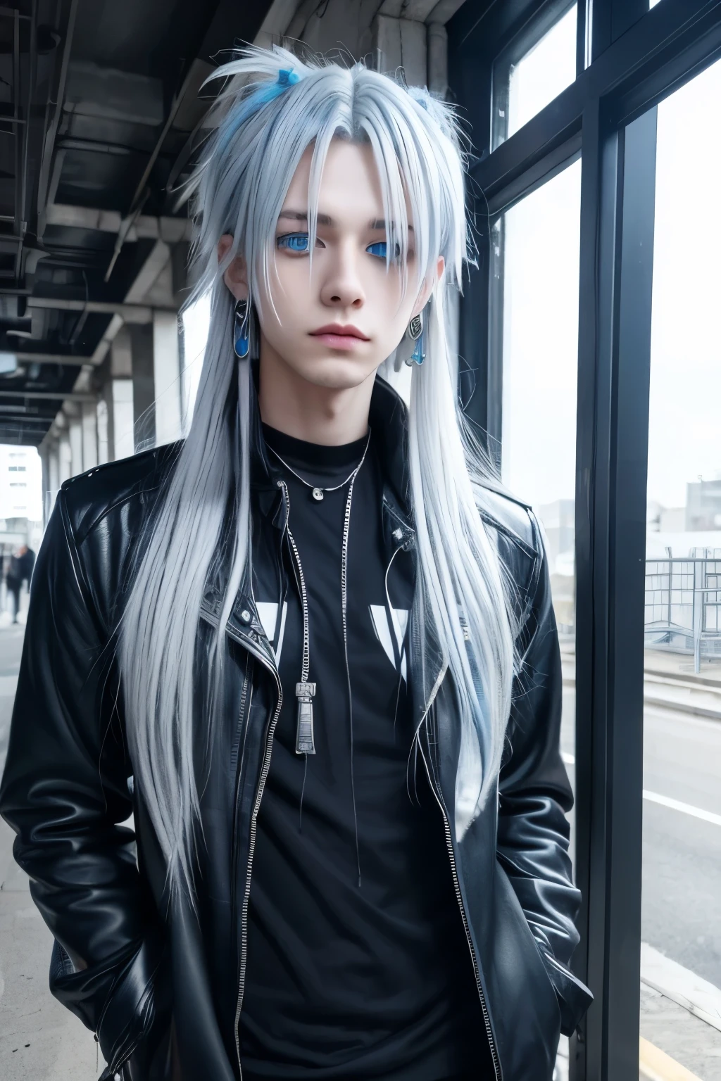 Male, 20 years old, silver hair, long hair, 2 lip piercings, industrial piercings, piercings, blue eyes, 2D, visual kei