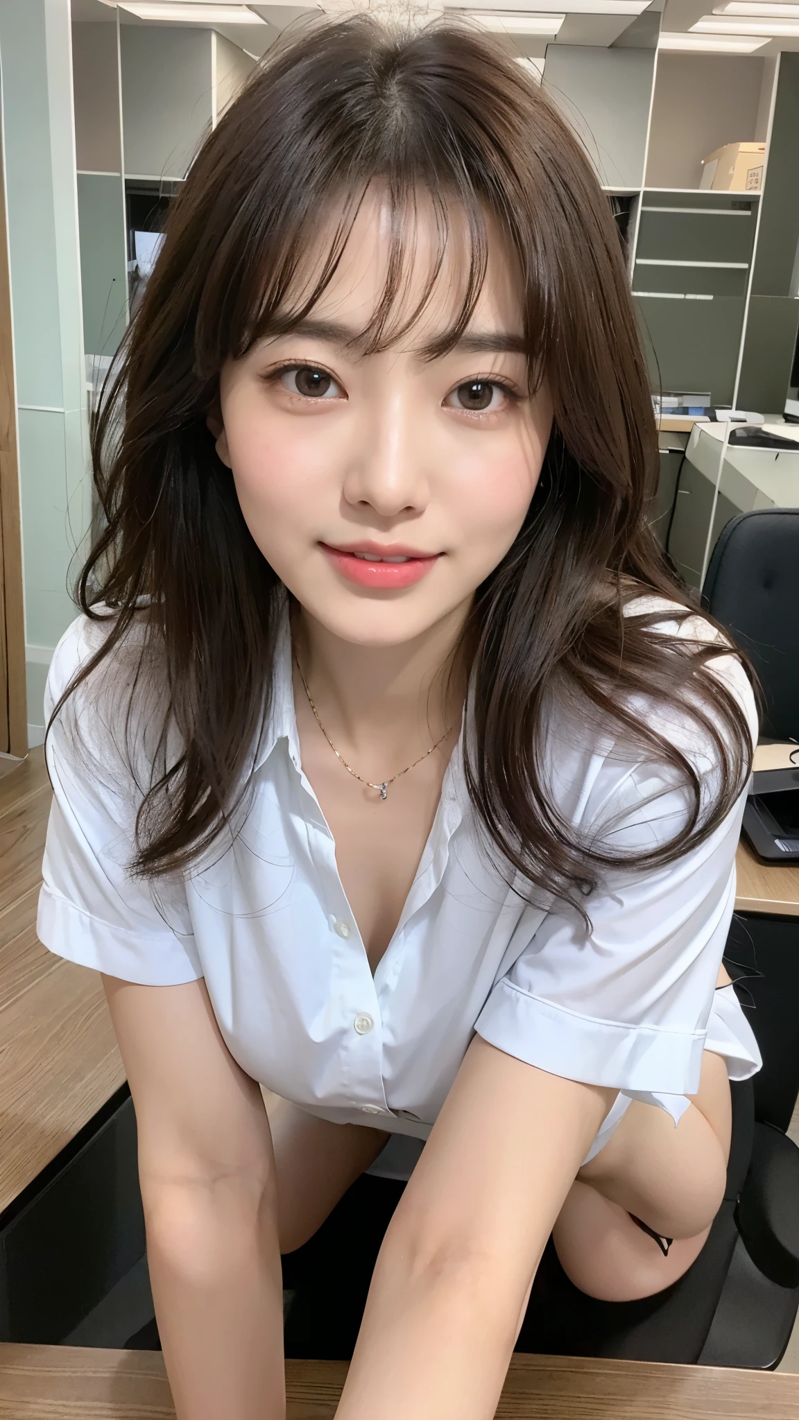 (highest quality、8k、32k、masterpiece、Realistic:1.4)、Cute Japanese Women Photos、((On all fours)),((On the desk in the office)),Soft looking breasts、No bra、Ample breasts、((Shortcuts))、Face Focus、White collared shirt、necklace、((Beautiful legs from below:1.4))、Looking at the audience、smile、I'm showing my teeth and smiling,Dynamic Shadows、Dark brown hair、Wet shiny hair、Shine, Watery eye、((At the office)),