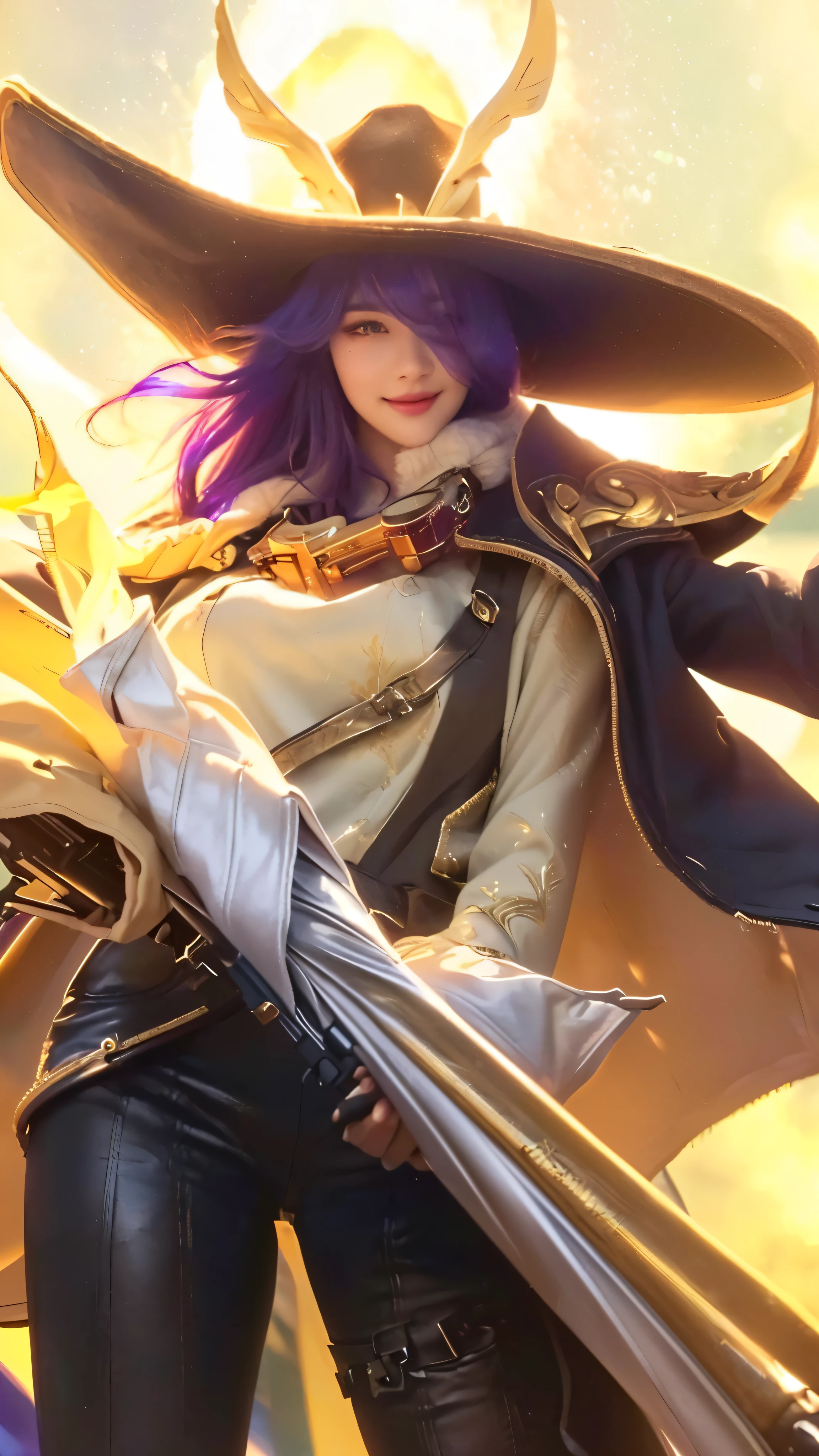 a woman with violet hair, beautiful detailed eyes,beautiful detailed lips,extremely detailed face, wearing a black hat and long coat, holding a sniper rifle, smiling, (best quality,4k,8k,highres,masterpiece:1.2),ultra-detailed,(realistic,photorealistic,photo-realistic:1.37),portrait,dark,dramatic lighting