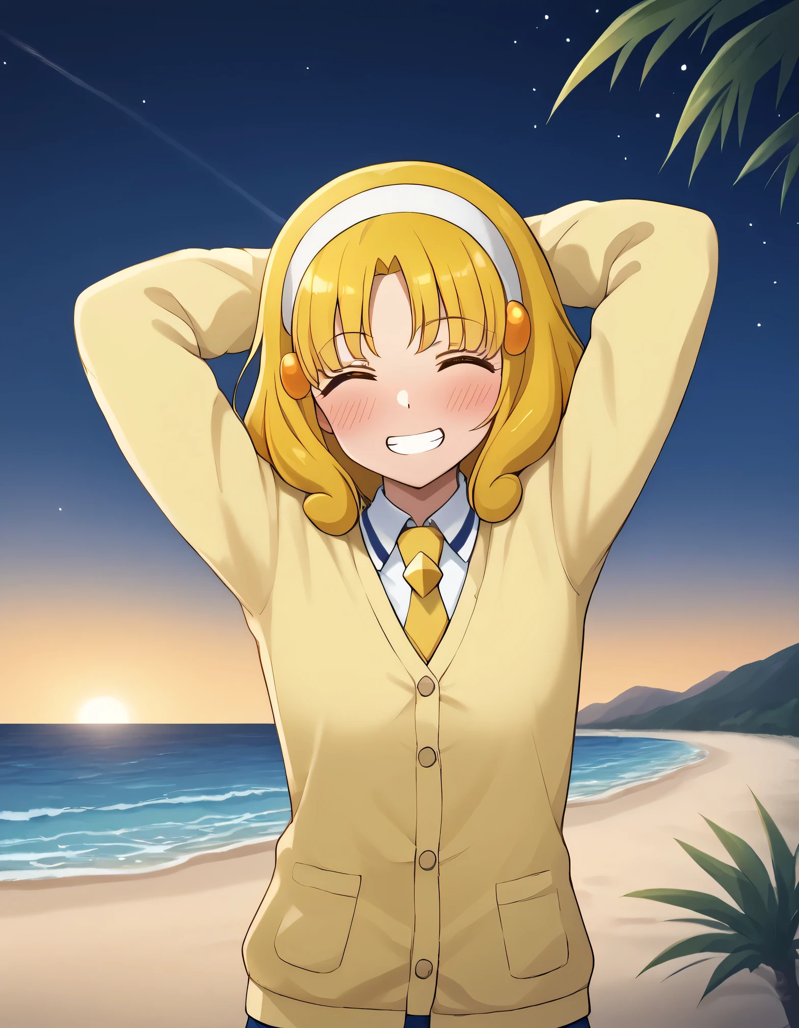 score_9, source_anime, rating_safe BREAK 1girl, solo
kise yayoi, yellow hair, yellow eyes, white hairband, hair ornament, medium hair, nanairogaoka middle , yellow necktie, yellow cardigan, (cowboy shot:1.5), solo, night sky, beach, arms behind head, contrapposto, spread armpits, looking at viewer, best quality, closed eyes, shy, grin, blushing,