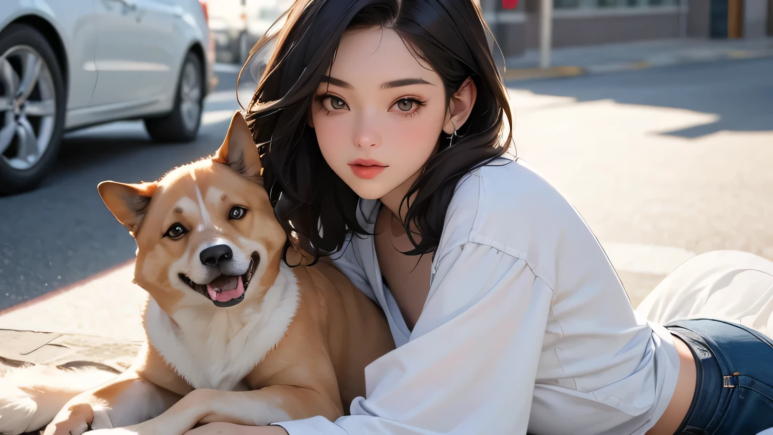 (masterpiece, best quality, 8k wallpaper, high resolution, ultra-realistic), ,one girl,20 years old,junior high school girl,(masterpiece:1.2, best quality),(realistic, photo-realistic:1.4),one girl,black hair,((masterpiece, best quality)),(RAW photo, best quality),(realistic, photo-realistic:1.3),highly detailed,figure,very delicate and beautiful,very detailed,((best quality,8k,masterpiece:1.3)),one girl,laughing,full body esvian,slim face,pretty woman,short bob,(dark brown hair),stay with dog:1.3,pet,staring at dog,thin shirt,short pants:1.1,ultra-detailed face,detailed eyes,double eyelids,blurry background,slim face,city,takeout,street,