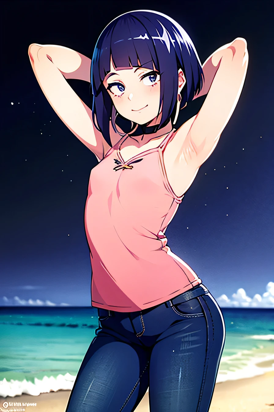 masterpiece, best quality, 1girl, pink shirt, black jeans, jirou, looking at viewer, solo, contrapposto, spread armpit, arms behind head, smile, looking at viewer, (cowboy shot:1.5), closed mouth, night sky, beach, anime coloring, flat chest,