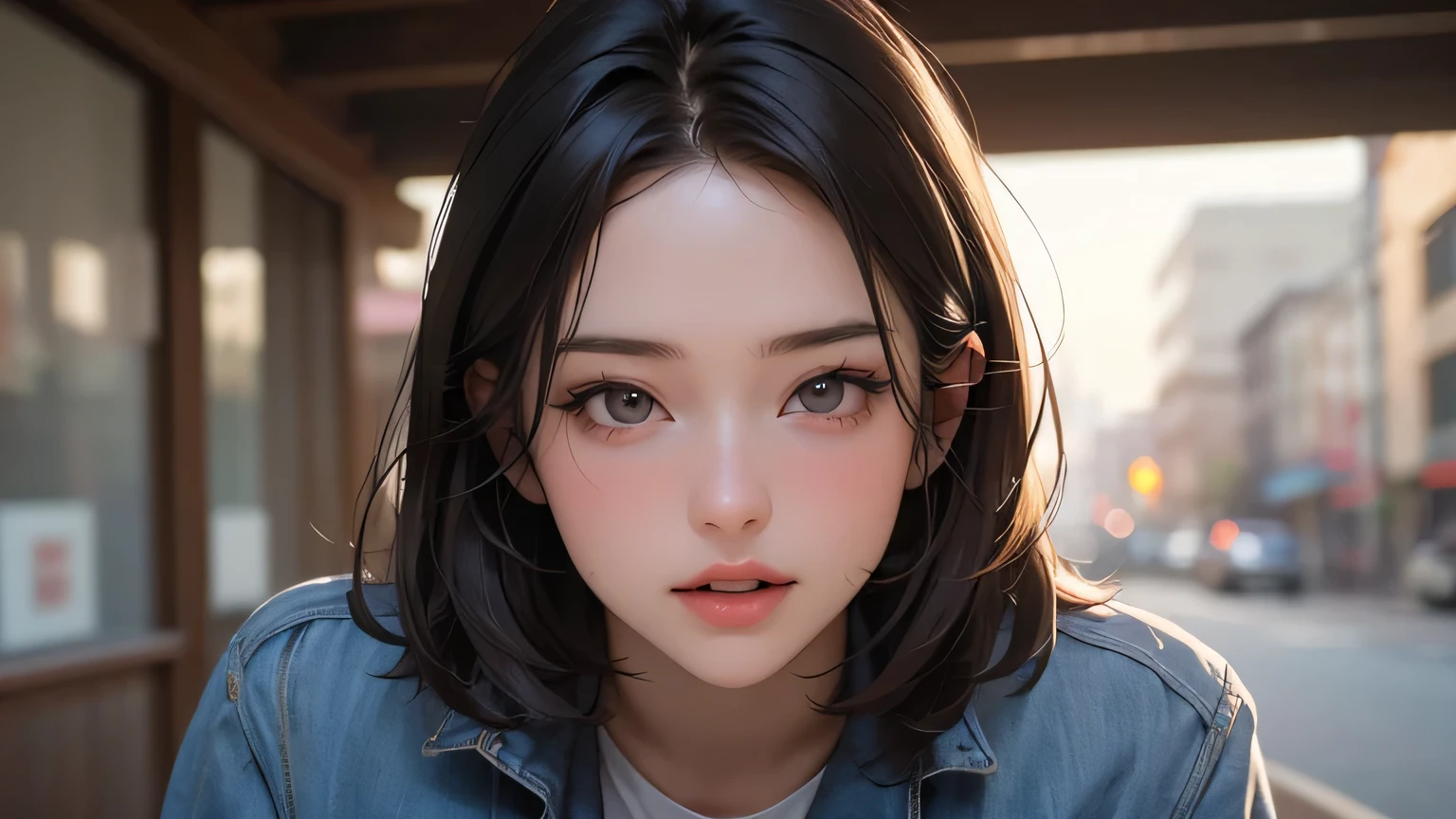 (masterpiece, best quality, 8k wallpaper, high resolution, ultra-realistic), ,one girl,20 years old,junior high school girl,(masterpiece:1.2, best quality),(realistic, photo-realistic:1.4),one girl,black hair,((masterpiece, best quality)),(RAW photo, best quality),(realistic, photo-realistic:1.3),highly detailed,figure,very delicate and beautiful,very detailed,((best quality,8k,masterpiece:1.3)),one girl,laughing,full body esvian,slim face,pretty woman,short bob,(dark brown hair),stay with dog:1.3,pet,staring at dog,thin shirt,short pants:1.1,ultra-detailed face,detailed eyes,double eyelids,blurry background,slim face,city,takeout,street,