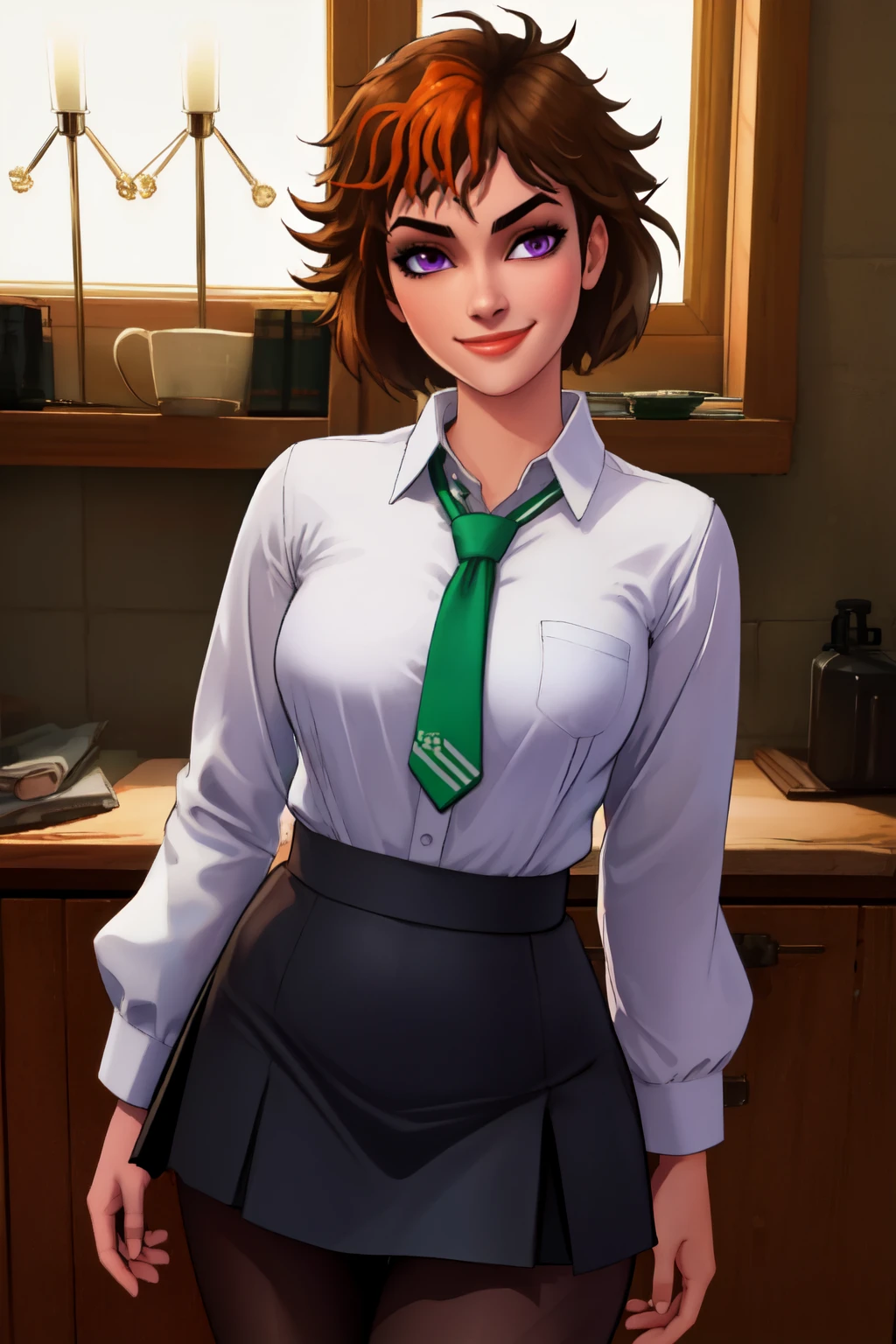 Merula, purple eyes, medium breasts, wide hips, white shirt, necktie, miniskirt, pantyhose, looking at viewer, smile, cowboy shot, masterpiece, high quality, realistic, perfect lighting