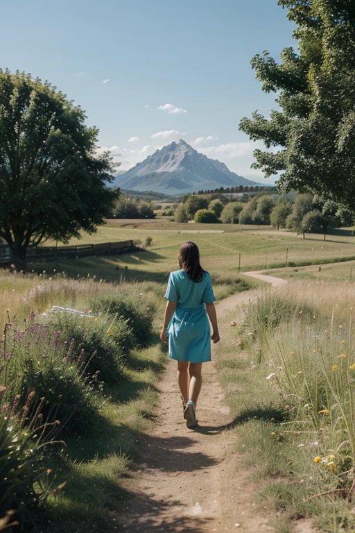 An image of a womam walking through an open, sunny field, with the horizon in the background. The person must have their back to the observer, symbolizing the idea of ​​following their own path. The course should convey a feeling of space, freedom and abundance, with green vegetation and blue skies. There may be some trees or mountains in the background, reinforcing the feeling of a spacious environment and possibilities. The person in the image should be dressed simply and casually, suggesting that he has chosen his own path, different from the established standards