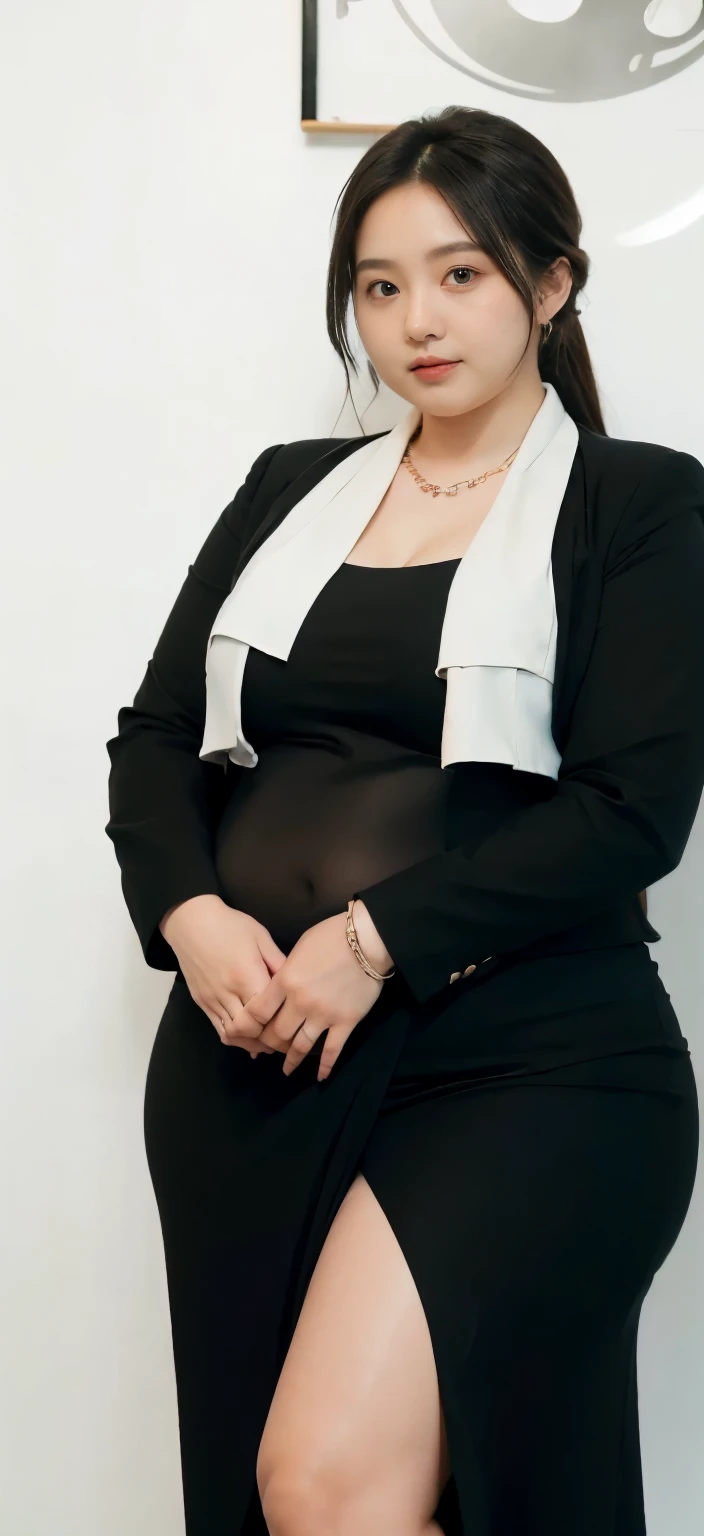 realisitic、Curvaceous woman in long hijab standing alone, Woman in black business suit with hijab, with a business suit on, businesswoman, Woman in business suit with hijab , Wearing a white collar shirt under a suit、thick skirt、tight skirts、Girl in a suit, female in tight office dress, , Girl in suit, young business woman, in a business suit, business outfit, Wear a suit、Office Suits、、professional photograpy、Does not expose the skin, Japanese Models,、,The skin is not exposed、fleshy body, large boob、 hard 、、big butts、Big belly、thick waist、Body without tone、thick thight、thick arms、Round face、Fat face、chubby cheeks、Sauce order、big eye、A dark-haired、short-haired、Standing facing the front、Left hand pose on the hip、Right hand is down in a pose、Straight back posture、Sun background、chinese-Indonesian woman  , full body , bracelet , necklace ,  , short hairstyle , fat belly , thick hips , dark room , baby face , chubby cheeks , black room , wearing sneakers 