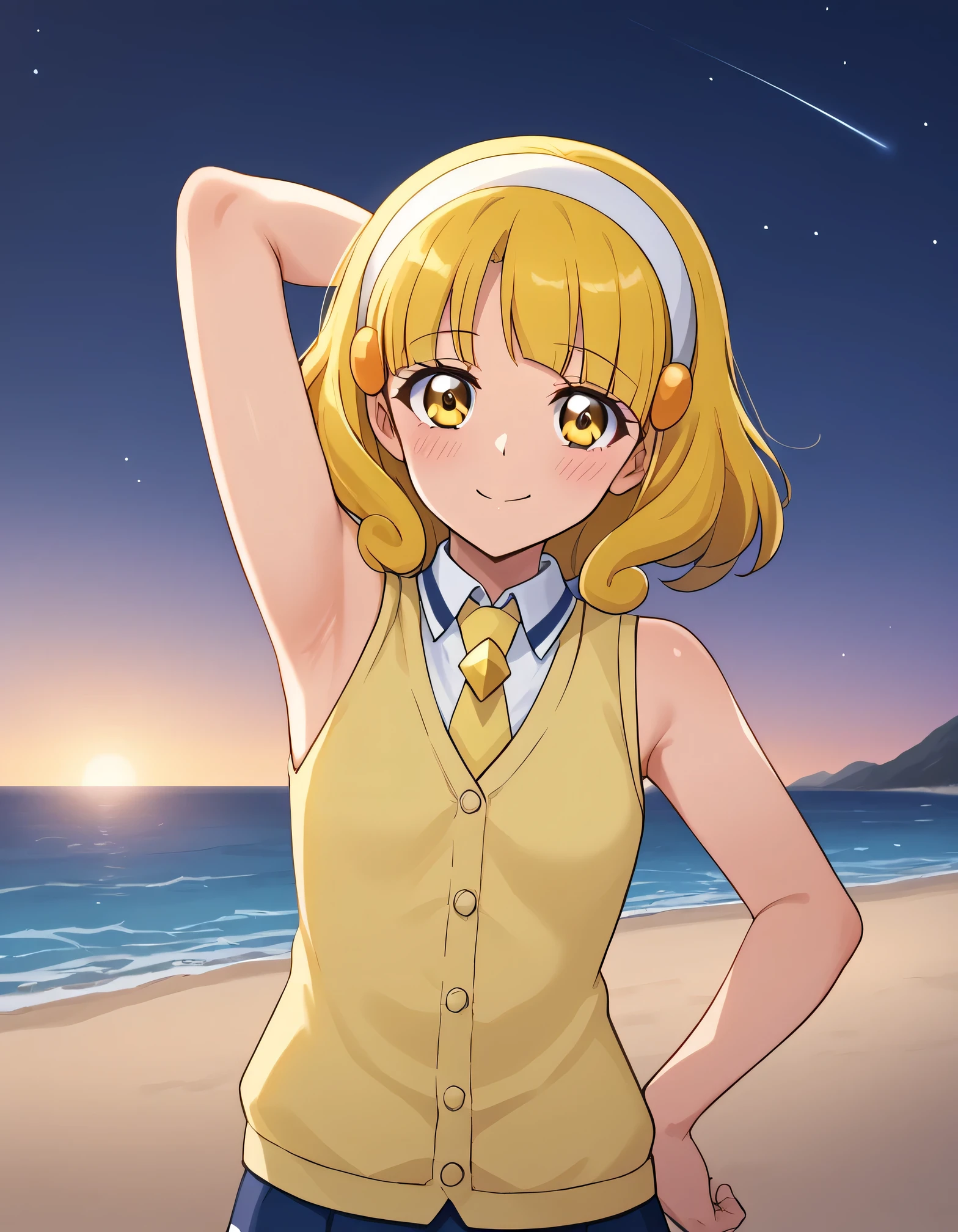 score_9, source_anime, rating_safe BREAK 1girl, solo
kise yayoi, yellow hair, yellow eyes, white hairband, hair ornament, medium hair, nanairogaoka middle , yellow necktie, yellow cardigan, sleeveless, (cowboy shot:1.5), solo, night sky, beach, arm behind head, hand on hip, contrapposto, spread armpits, looking at viewer, best quality, closed mouth, shy, presenting armpit, blushing, smile