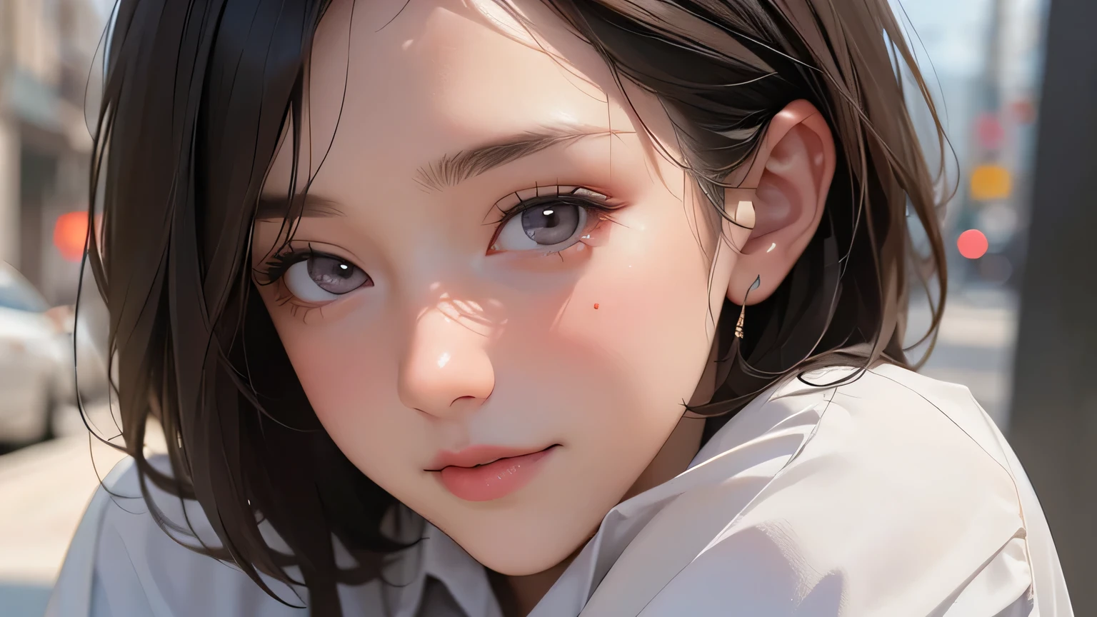 (masterpiece, best quality, 8k wallpaper, high resolution, ultra-realistic), ,one girl,20 years old,junior high school girl,(masterpiece:1.2, best quality),(realistic, photo-realistic:1.4),one girl,black hair,((masterpiece, best quality)),(RAW photo, best quality),(realistic, photo-realistic:1.3),highly detailed,figure,very delicate and beautiful,very detailed,((best quality,8k,masterpiece:1.3)),one girl,laughing,full body esvian,slim face,pretty woman,short bob,(dark brown hair),stay with dog:1.3,pet,staring at dog,thin shirt,short pants:1.1,ultra-detailed face,detailed eyes,double eyelids,blurry background,slim face,city,takeout,street,