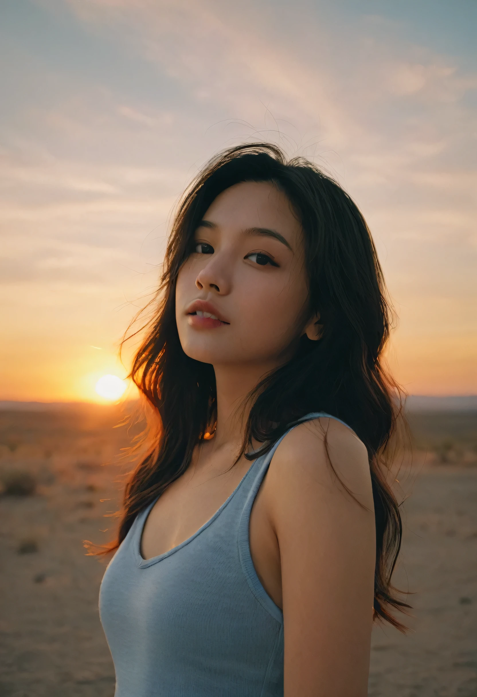 xxmixgirl, 1girl sunset details, Ultra-realistic dramatic lighting and shadows (commend, mock, Kodak Film) author：Brandon Wolfel Ryan McGinley