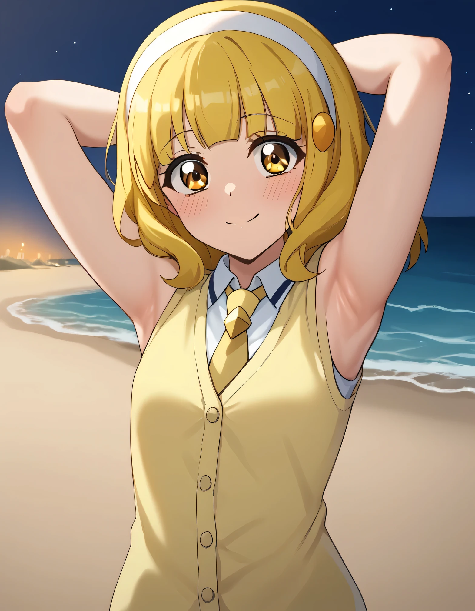 score_9, source_anime, rating_safe BREAK 1girl, solo
kise yayoi, yellow hair, yellow eyes, white hairband, hair ornament, medium hair, nanairogaoka middle , yellow necktie, yellow cardigan, (cowboy shot:1.5), solo, night sky, beach, arm behind head, contrapposto, spread armpits, looking at viewer, best quality, closed mouth, shy, presenting armpit, hand on own armpit, blushing, smile, sleeveless,