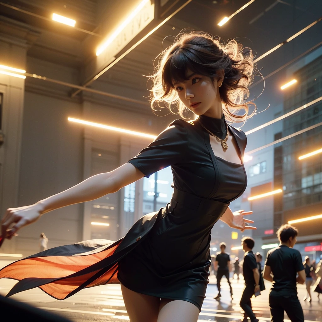 beautiful russian woman in her 20s, 8k, perfect physique, perfect proportions, detailed face, high quality, photorealistic, stunning eyes, long eyelashes, attractive facial features, flawless skin, light brown hair, tight waist, stylish clothes, necklace, active posing, rough long hairstyle, vivid colors, masterpiece, best quality,Black Dress