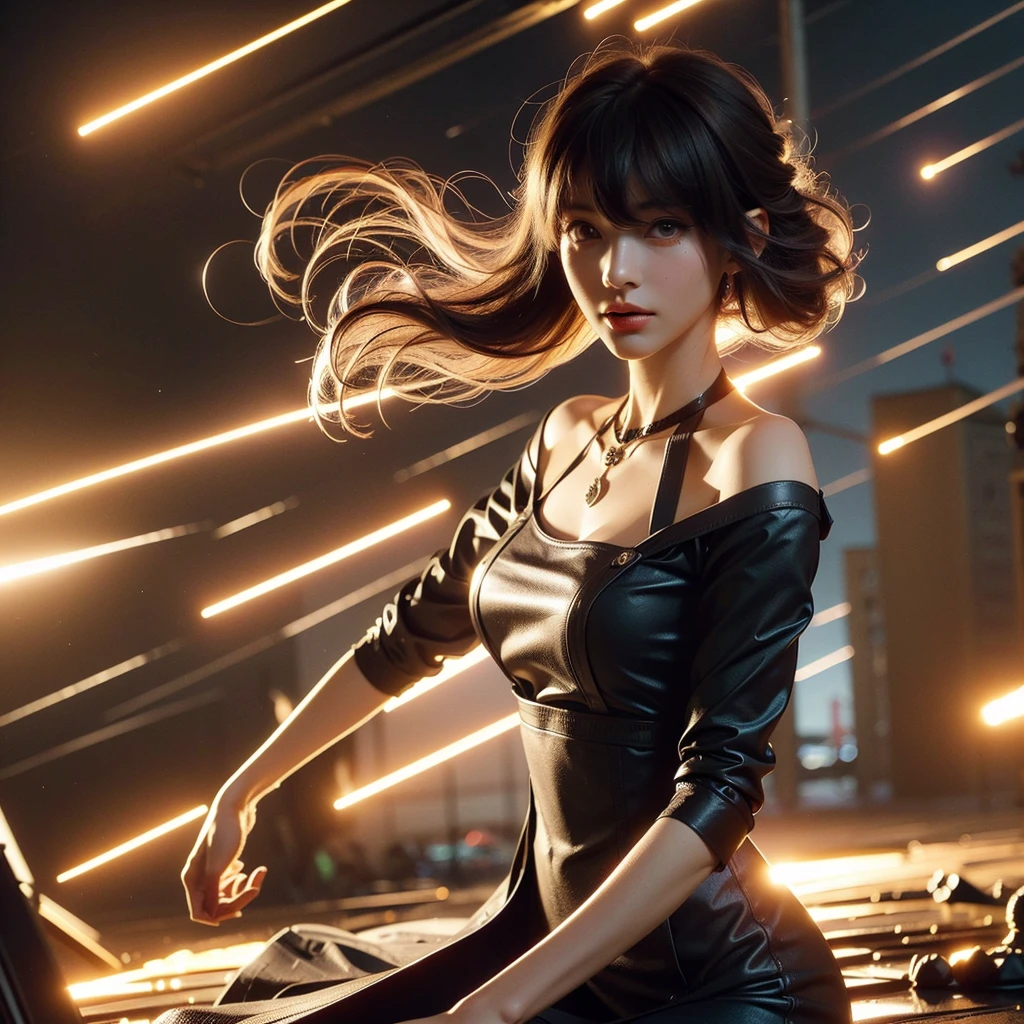 beautiful russian woman in her 20s, 8k, perfect physique, perfect proportions, detailed face, high quality, photorealistic, stunning eyes, long eyelashes, attractive facial features, flawless skin, light brown hair, tight waist, stylish clothes, necklace, active posing, rough long hairstyle, vivid colors, masterpiece, best quality,Black Dress