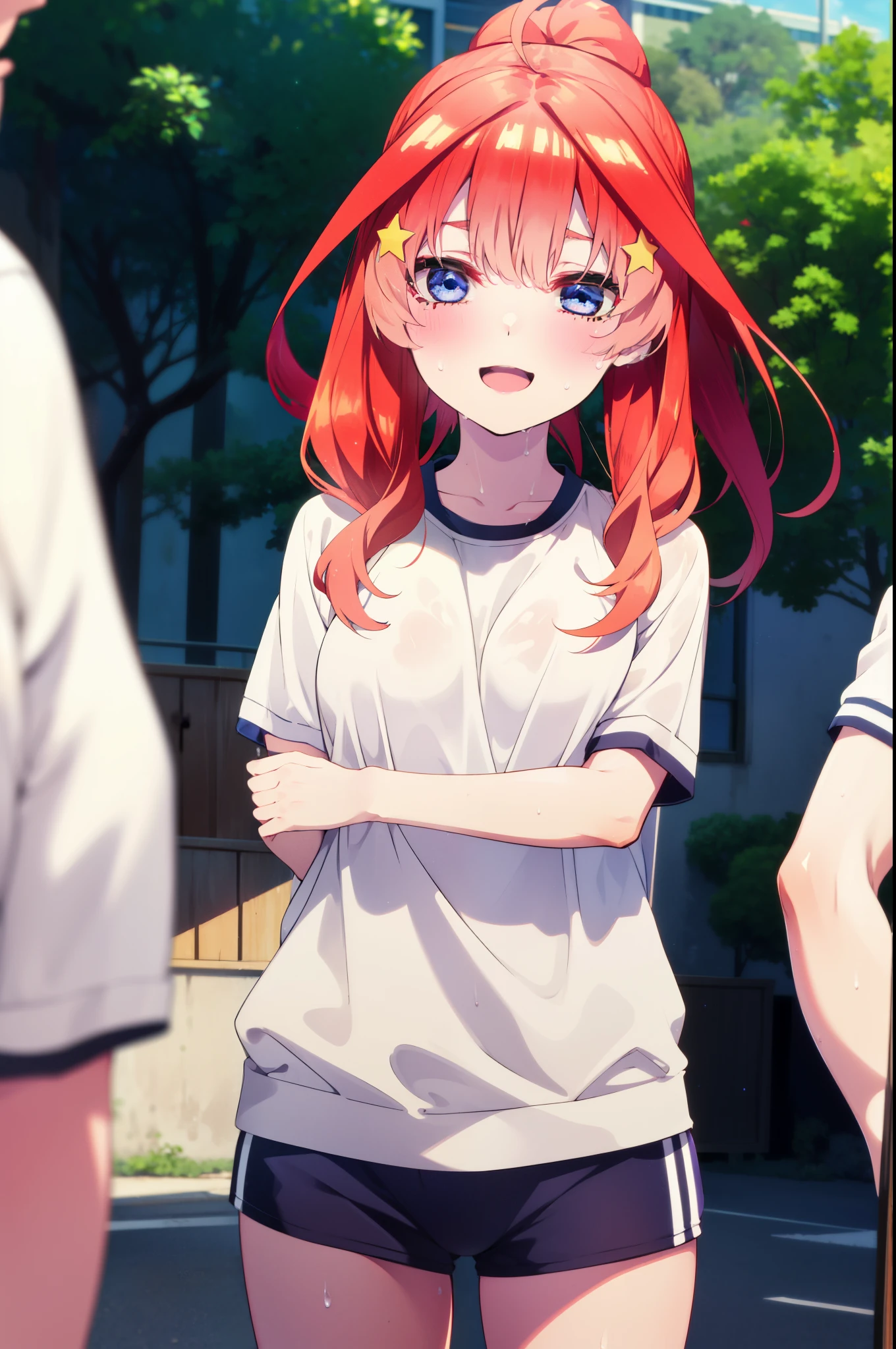 itsukinakano, Itsuki Nakano, bangs, blue eyes, Hair between the eyes, Ahoge, Redhead, star \(symbol\), hair ornaments, star hair ornaments,ponytail, smile, happy smile, smile, Open your mouth,smile,Sweat,Wet Skin,Wet clothes,Sportswear,Bloomers,sneakers,whole bodyがイラストに入るように,running,Looking up from below,
break outdoors ,School,グラウンド
break looking at viewer, whole body,(Cowboy Shot:1. 5) ,
break (masterpiece:1.2), highest quality, High resolution, unity 8k wallpaper, (shape:0.8), (Beautiful details:1.6), Highly detailed face, Perfect lighting, Extremely detailed CG, (Perfect hands, Perfect Anatomy),