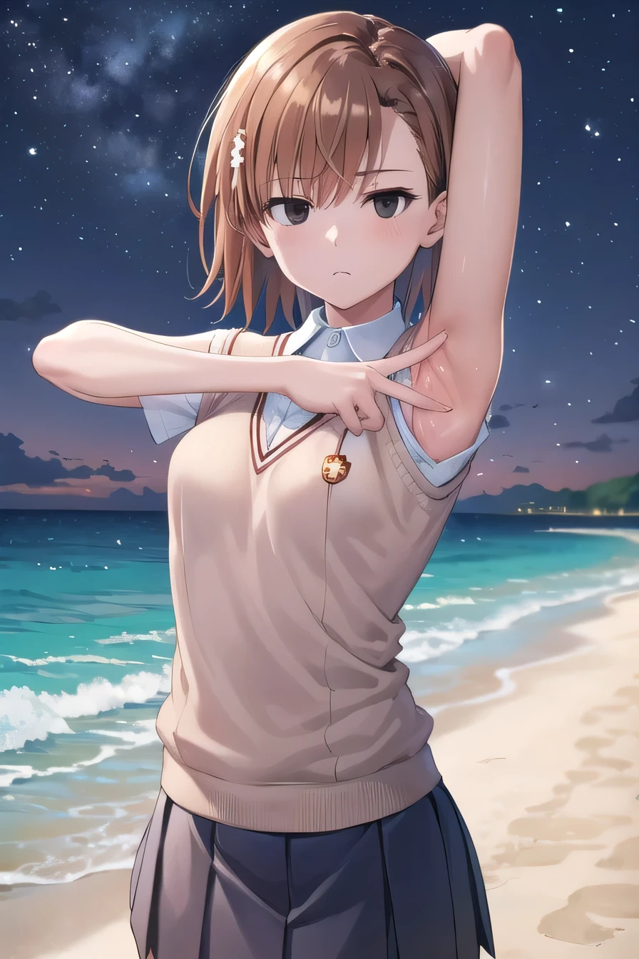 short hair, brown hair, black eyes, empty eyes, sweater vest, shirt, skirt, white shirt, pleated skirt, v-neck, short sleeves, tokiwadai , misaka imouto, solo, night sky, beach, arms behind head, contrapposto, spread armpits, closed mouth, upper body, looking at viewer,