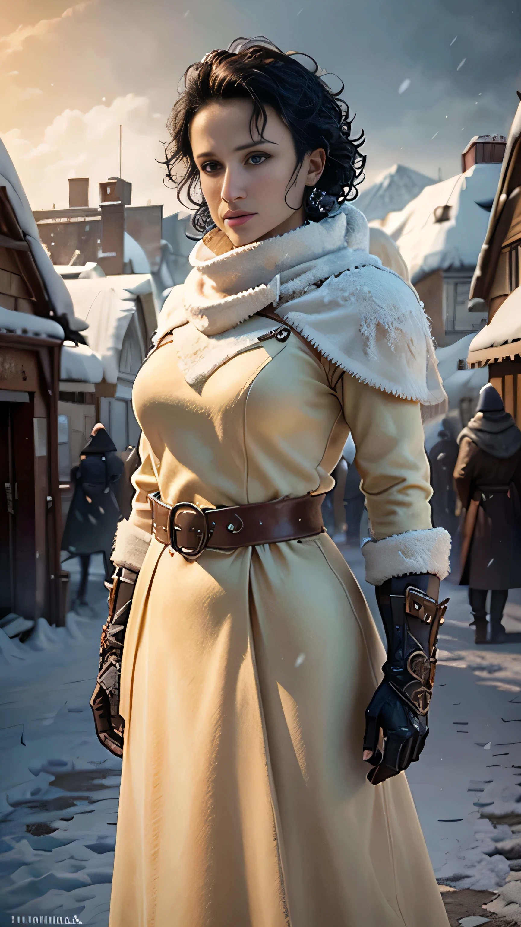 frostpunk, (Indira Varma) as Ellaria Sand, yellow warm coat, boots, standing, in a medival city, cold, winter, snow, (1woman), (solo), (full body view), beautiful detailed glow, detailed, cinematic light, intricate detail, realistic, highres, detailed facial features, high detail, sharp focus, smooth, aesthetic, extremely detailed, stamp, octane render