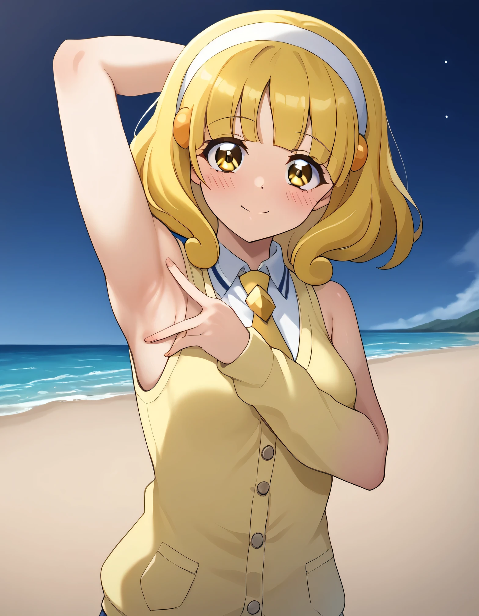 score_9, source_anime, rating_safe BREAK 1girl, solo
kise yayoi, yellow hair, yellow eyes, white hairband, hair ornament, medium hair, irogaoka middle , yellow necktie, yellow cardigan, (cowboy shot:1.5), solo, night sky, beach, arm behind head, contrapposto, spread armpits, looking at viewer, best quality, closed mouth, shy, presenting armpit, hand on own armpit, blushing, smile, sleeveless,