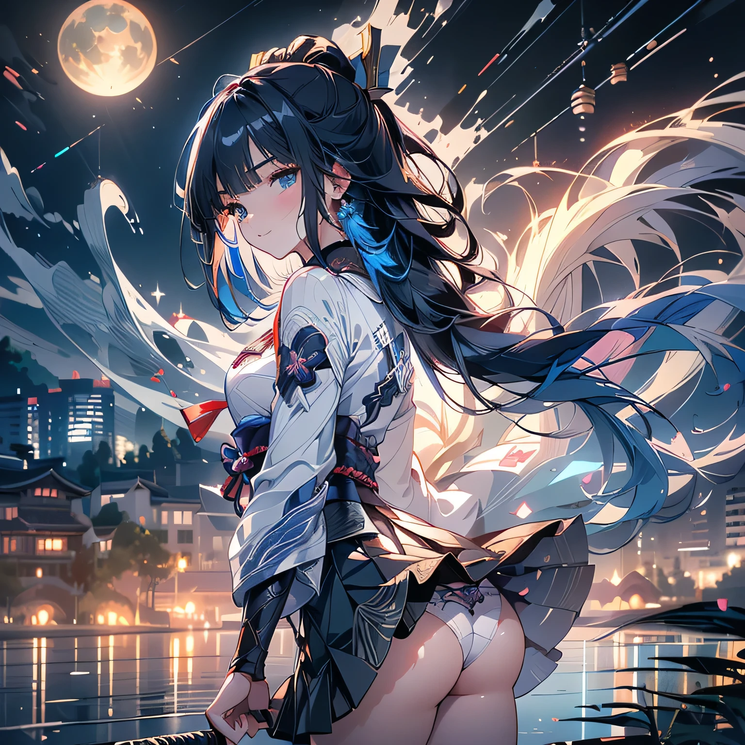 ((Raiden Shogun in Genshin Impact)),((semi long beautiful dark blue hair,beautiful blue eyes)),
((panty shot)),((lifting skirt)),((white panties focus)),
(low angle,from below),((masterpiece, highest resolution,best quality)),  (beautiful illustration), ((semi long beautiful black hair,blunt bangs,pony tail,beautiful eyes)),(solo),(Japanese high ,sailor,mini skirt),(looking at the viewer), (walking on the moon),(crater,night sky,moon surface,space craft,green earth),(innocent cute smile), (cinematic lighting),
