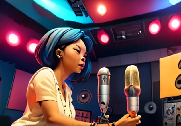 Amy Wong holding Mic playing Rapper on Recording Studio 