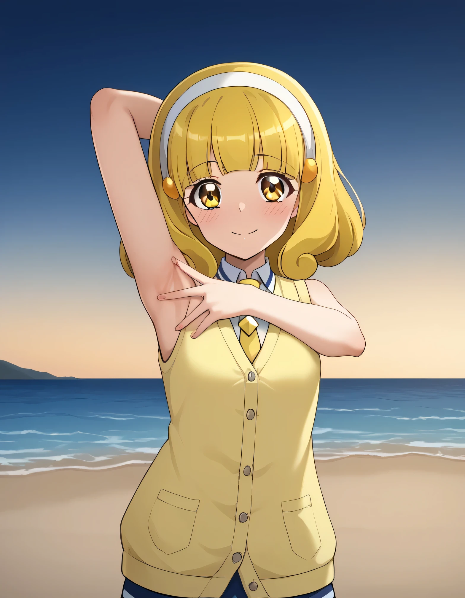 score_9, source_anime, rating_safe BREAK 1girl, solo
kise yayoi, yellow hair, yellow eyes, white hairband, hair ornament, medium hair, nanairogaoka middle , yellow necktie, yellow cardigan, (cowboy shot:1.5), solo, night sky, beach, arm behind head, contrapposto, spread armpits, looking at viewer, best quality, closed mouth, shy, presenting armpit, hand on own armpit, blushing, smile, sleeveless,