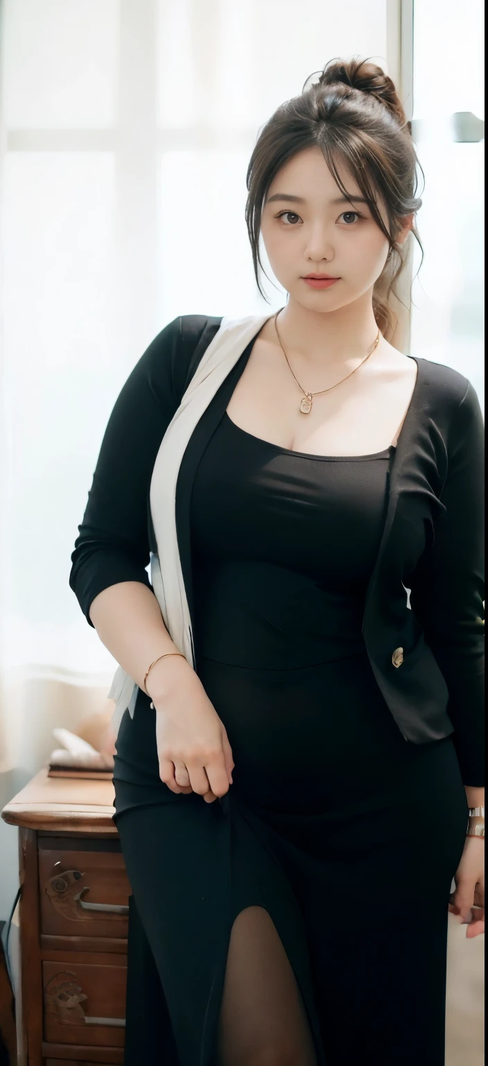 realisitic、Curvaceous woman in long hijab standing alone, Woman in black business suit with hijab, with a business suit on, businesswoman, Woman in business suit with hijab , Wearing a white collar shirt under a suit、thick skirt、tight skirts、Girl in a suit, female in tight office dress, , Girl in suit, young business woman, in a business suit, business outfit, Wear a suit、Office Suits、、professional photograpy、Does not expose the skin, Japanese Models,、,The skin is not exposed、fleshy body, large boob、 hard 、、big butts、Big belly、thick waist、Body without tone、thick thight、thick arms、Round face、Fat face、chubby cheeks、Sauce order、big eye、A dark-haired、short-haired、Standing facing the front、Left hand pose on the hip、Right hand is down in a pose、Straight back posture、Sun background、chinese-Indonesian woman , full body , bracelet , necklace , , short hairstyle , fat belly , thick hips , dark room , baby face , chubby cheeks , black room , wearing sneakers