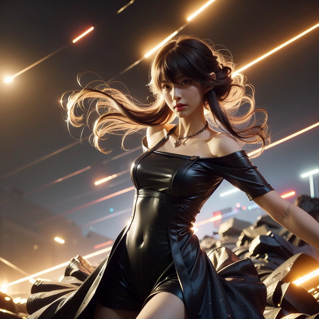 beautiful russian woman in her 20s, 8k, perfect physique, perfect proportions, detailed face, high quality, photorealistic, stunning eyes, long eyelashes, attractive facial features, flawless skin, light brown hair, tight waist, stylish clothes, necklace, active posing, rough long hairstyle, vivid colors, masterpiece, best quality,Black Dress,Shoulder