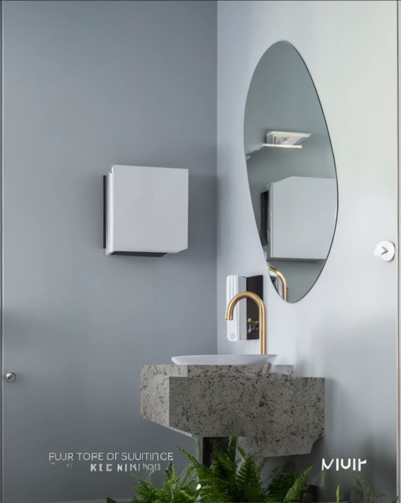 Crie um design de interiores detalhado para um banheiro, including furniture arrangement, choice of cores and materials.