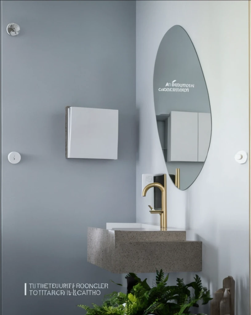 Crie um design de interiores detalhado para um banheiro, including furniture arrangement, choice of cores and materials.