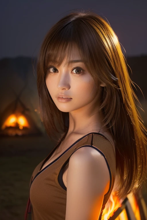 (((camp site, night, Girl staring at bonfire:1.4))), (Highly detailed eyes, Highly detailed hair, highly Detailed face, Highly detailed plump lips,Perfect Anatomy),(highest quality:1.4), RAW Photos,(Detailed face: 1.2), (Famous Japanese actresses:1.2)