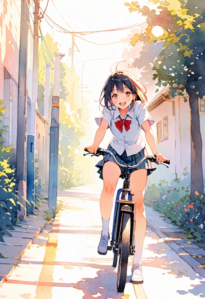 8k,best quality, masterpiece, ultra highres, ultra-detailed:1.2,japanese school boy and girl running on a bicycle,school-uniform,open mouth,smile,detailed bicycle,BREAK,summer,early morning,(Watercolor:1.3),Road to the sea,