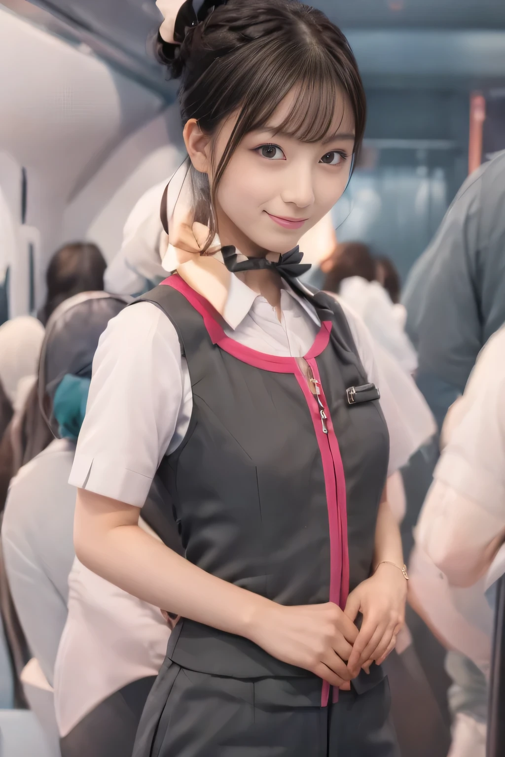(masterpiece:1.2, highest quality:1.2), 32K HDR, High resolution, (alone、1 girl)、(On board the Shinkansen、Professional Lighting)、Background in the car、(Realistic style wearing JR GranClass attendant uniform)、Blouse with short sleeves、Scarf around the neck、(JR GranClass attendant uniform with pink parts on the sleeves of the skirt)、(JR GranClass attendant uniform with pink stripe on the front of the vest)、Dark brown hair、(Hair tied up、Bun Hair、Chignon)、Dark brown hair、Long Shot、Big Breasts、((Fine hand:2.0)),((Harmonious body proportions:1.5)),((Normal limbs:2.0)),((Normal finger:2.0)),((Delicate eyes:2.0)),((Normal eyes:2.0)))、Luxury Necklace、smile、Beautiful standing posture,Place your hands around your stomach