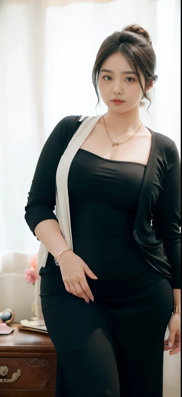 realisitic、Curvaceous woman in long hijab standing alone, Woman in black business suit with hijab, with a business suit on, businesswoman, Woman in business suit with hijab , Wearing a white collar shirt under a suit、thick skirt、tight skirts、Girl in a suit, female in tight office dress, , Girl in suit, young business woman, in a business suit, business outfit, Wear a suit、Office Suits、、professional photograpy、Does not expose the skin, Japanese Models,、,The skin is not exposed、fleshy body, large boob、 hard 、、big butts、Big belly、thick waist、Body without tone、thick thight、thick arms、Round face、Fat face、chubby cheeks、Sauce order、big eye、A dark-haired、short-haired、Standing facing the front、Left hand pose on the hip、Right hand is down in a pose、Straight back posture、Sun background、chinese-Indonesian woman  , full body , bracelet , necklace ,  , short hairstyle , fat belly , thick hips , dark room ,  , chubby cheeks , black room , wearing sneakers 