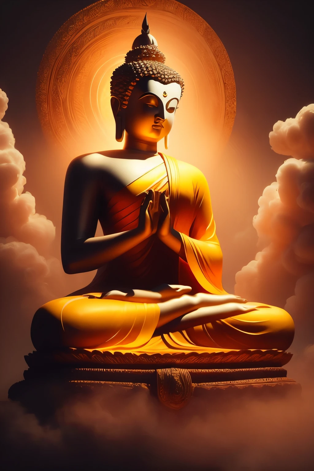 High quality images
The image of the Buddha statue is looking sideways and clasping his hands together, the surrounding yellow tones radiate smoke.