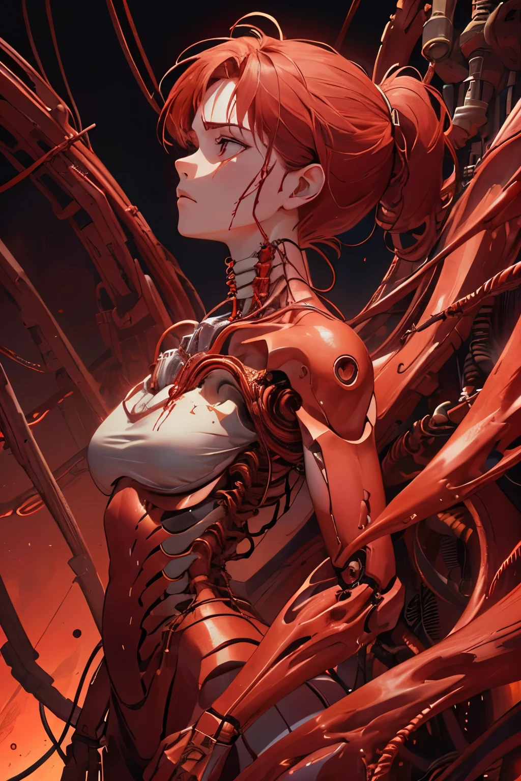 (((Masterpiece))), (((Best quality))), ((Ultra-detailed)), (CG illustration), ((An extremely delicate and beautiful)),(Look up to the side), (((Red flowing liquid background)))Cinematic light with strong contrast between light and dark, ((1 mechanical girl)), solo person, Body parts,(Red machine-made joints:1.2),((Mechanical limb)),(blood vessel connected to tube),(The mechanical spine is attached to the back),((The mechanical cervical vertebrae are attached to the neck)),(are standing),A sad expression with red tears,(Wires and cables around the neck:1.2),(wires and cables on head:1.2)(Character focus),sci-fy,Extremely fine,scarlet,Thinnest
