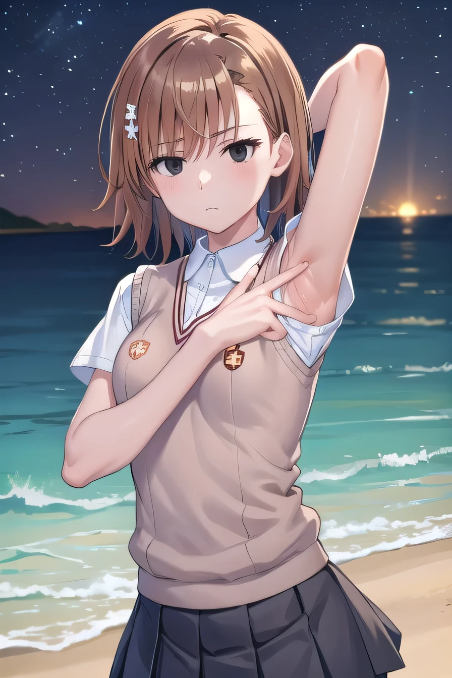 short hair, brown hair, black eyes, empty eyes, sweater vest, shirt, skirt, white shirt, pleated skirt, v-neck, short sleeves, tokiwadai , misaka imouto, solo, night sky, beach, arms behind head, contrapposto, spread armpits, closed mouth, upper body, looking at viewer,