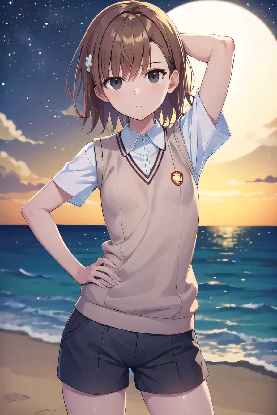 short hair, brown hair, black eyes, empty eyes, sweater vest, shirt, shorts, white shirt, pleated shorts, v-neck, short sleeves, tokiwadai , misaka imouto, solo, night sky, beach, arm behind head, hand on hip, contrapposto, spread armpits, closed mouth, (cowboy shot:1.5), looking at viewer, best quality,