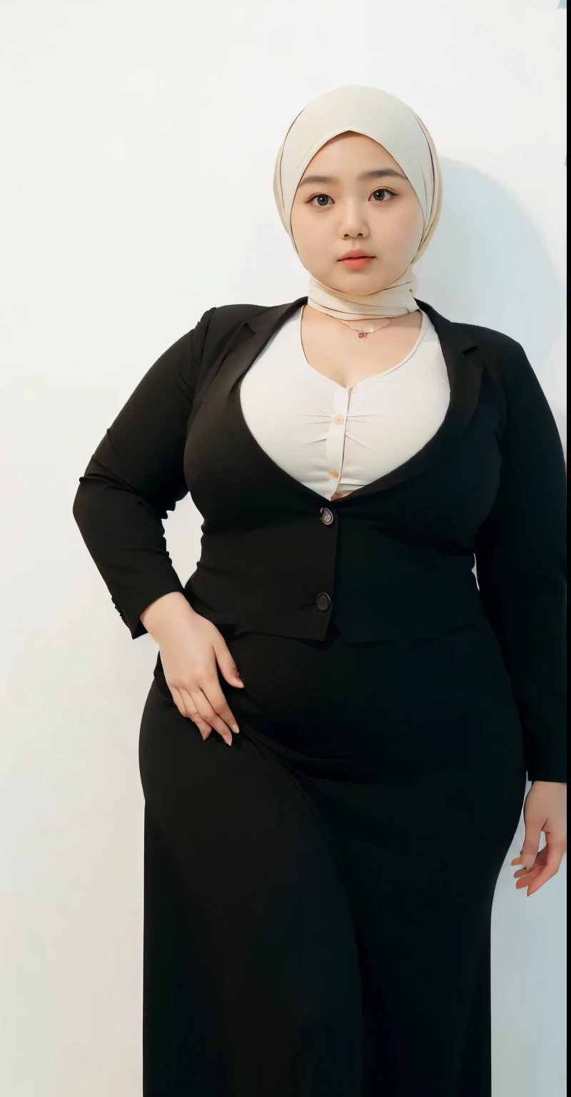 realisitic、Curvaceous woman in long hijab standing alone, Woman in black business suit with hijab, with a business suit on, businesswoman, Woman in business suit with hijab , Wearing a white collar shirt under a suit、thick skirt、tight skirts、Girl in a suit, female in tight office dress, , Girl in suit, young business woman, in a business suit, business outfit, Wear a suit、Office Suits、、professional photograpy、Does not expose the skin, Japanese Models,、,The skin is not exposed、fleshy body, large boob、 hard 、、big butts、Big belly、thick waist、Body without tone、thick thight、thick arms、Round face、Fat face、chubby cheeks、Sauce order、big eye、A dark-haired、short-haired、Standing facing the front、Left hand pose on the hip、Right hand is down in a pose、Straight back posture、Sun background、chinese-Indonesian woman , full body , bracelet , necklace , , short hairstyle , fat belly , thick hips , dark room , baby face , chubby cheeks , black room , wearing sneakers