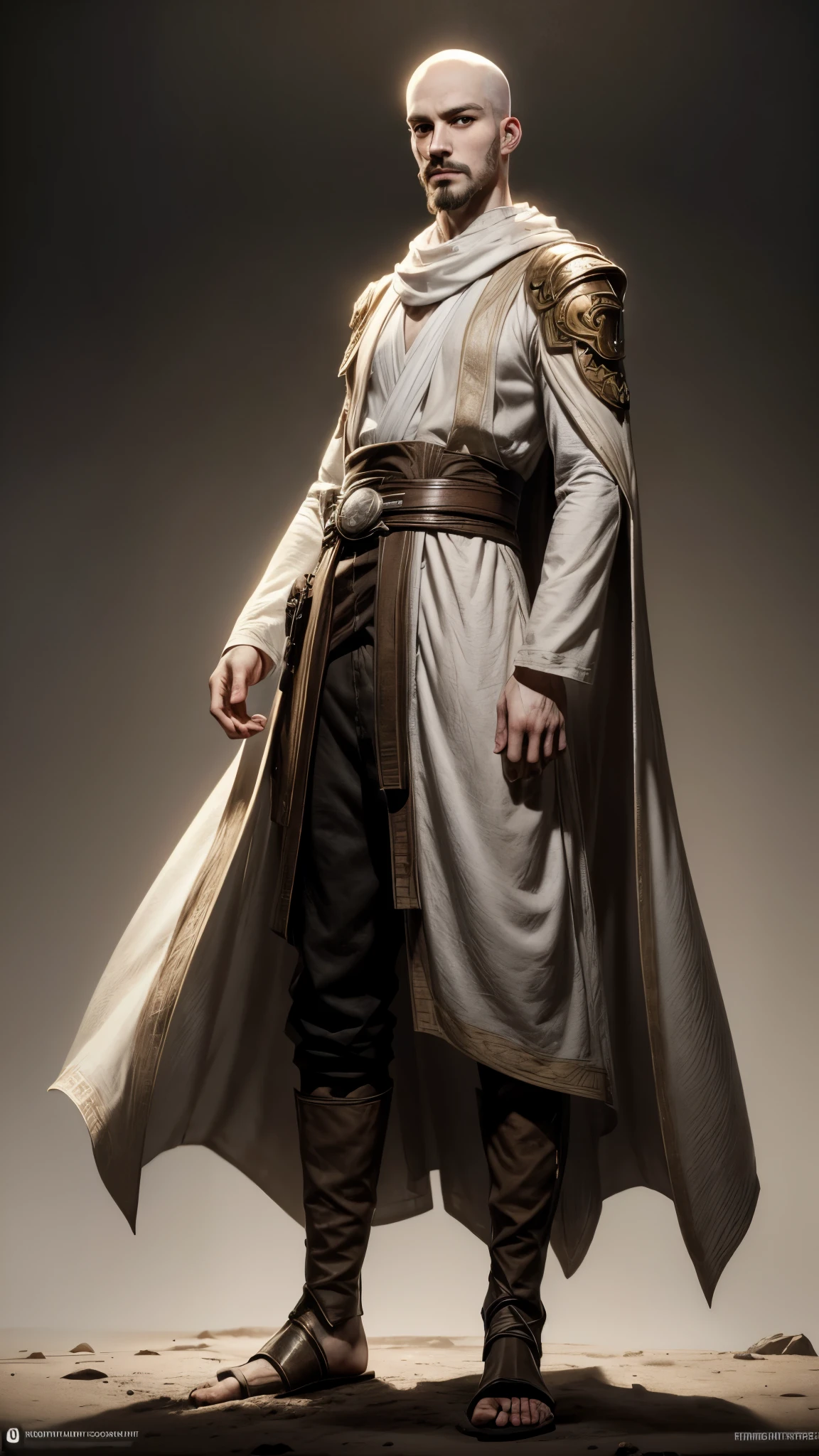 (best quality, vibrant colors, shiny bright art), A pale skin male humanoid, young, (ivory white skin: 1.3). full body: 1.5, character concept art, Fantasy setting. bald thin head. (big black eyes: 1.5). Very pale white skin, smooth skin. tall, long limbs, slender, skinny, bony face. thin chin, goatee white facial hair. very small nose and mouth, noseless nostrils, no eyebrows, no ears, no lips. neutral kind expression. extra fingers in hand. wearing jedi clothes (clothes: sepia, brown, clear light colors)., (game art detailed), (splash art) (clear concept art). blank background, white background.
