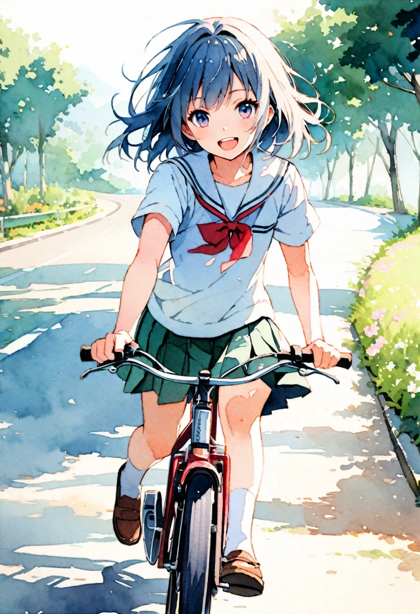 8k,best quality, masterpiece, ultra highres, ultra-detailed:1.2,(japanese school boy and girl) running on a bicycle,school-uniform,open mouth,smile,detailed bicycle,BREAK,summer,early morning,(Watercolor:1.3),(Road to the sea),