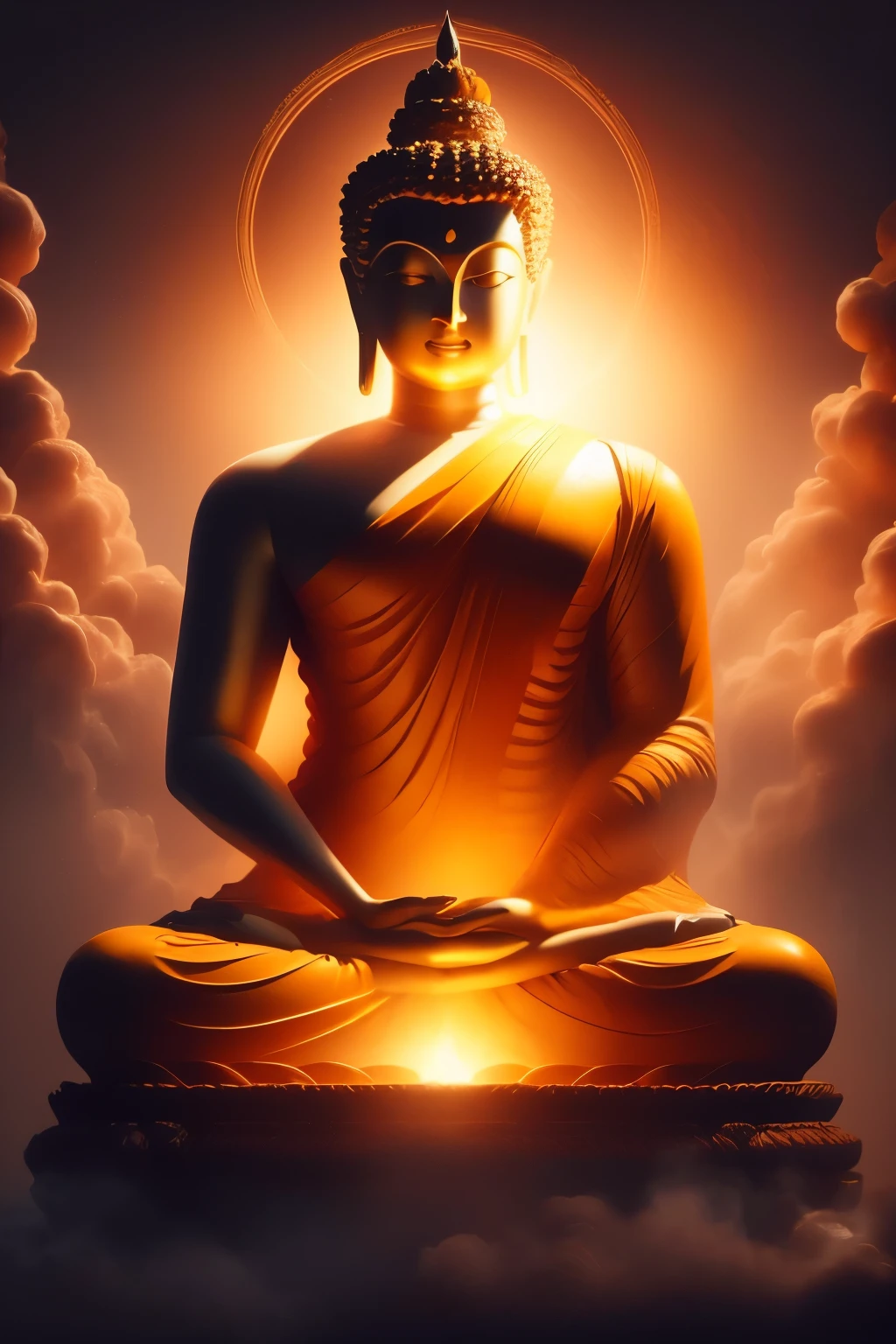 High quality images
The image of the Buddha statue looking sideways and clasping his hands together, the surrounding yellow tones emitting smoke, the details of a vague sparkling illusion effect that is half real and half virtual.