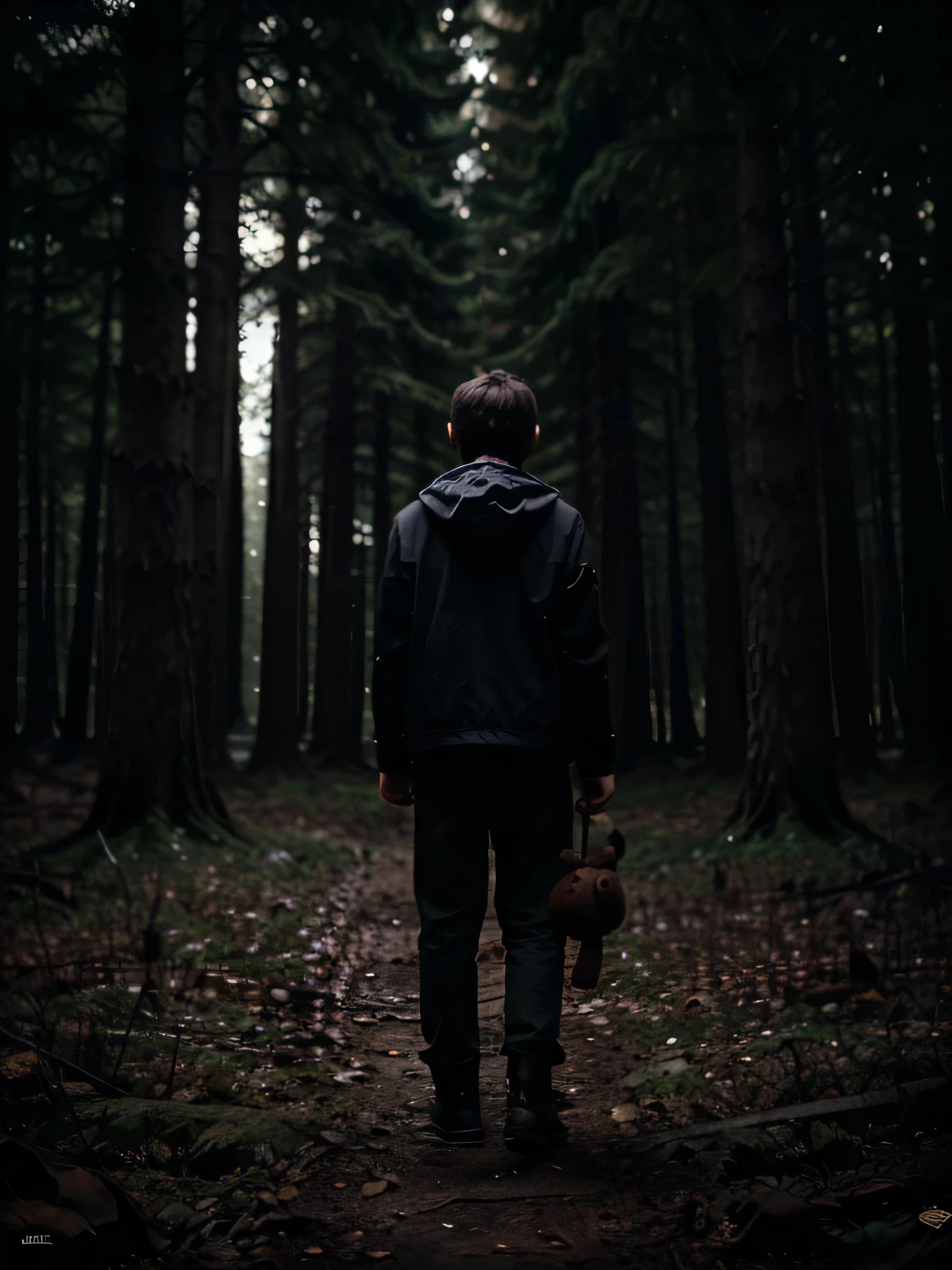 Create a boy in a dark forest, he is centered, the forest is dark with a faint purple neon coming from behind him, the boy holds a teddy bear without its head, on the ground contains many roots with scary aspects, the image gives off a horror vibe, Final style of the image is like if it were the cover of an album,