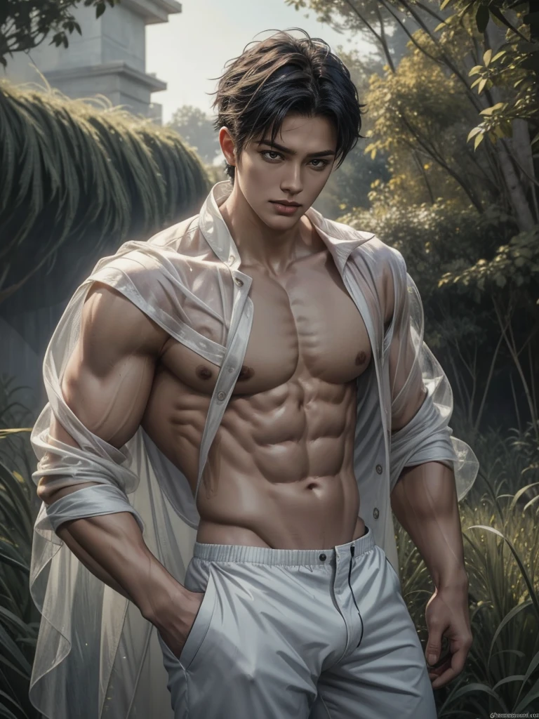 1 man, (male model) hot skin, masterpiece, best quality, most handsome man in the world, by Shen Quan, perfect body, beautiful male model, an attractive man 18-24 years old aesthetic, blossoms in spring, green fields, spring, plains, trees, flowers, blue sky, rough and handsome young man in white transparent robe, white transparent fabric, shirtless jacket shoulders, exposed chest muscles, exposed thighposed transparent white briefs)), (male focus), (smooth body)), smile, super cute, dynamic pose, cool and seductive, dramatic lighting, full body shot, full body shoot, young face, full body, body hairless, skinny tall, fit body, dominant, white or white skin, young face, firm body, hd, natural flesh tone, soft light, highly detailed, looking at the audience, photography, detailed skin, real person, realistic, photorealistic realistic, crazy detail, facial detail, hype maximization, hype surrealism, film, telephoto, lighting complex detail , Highly detailed, Highly detailed, Digital painting, artstation, concept art, smooth, sharp focus, illustration, Unreal Engine 5, 8K, art by Ross Tran and Greg Rutkowski and Alphonse Mucha, UHD, 8k, Show men only .8k Ultra HD, DSLR, dim lighting, high quality, film grain, Fujifilm XT3, male fan, 2-person, two-person model.