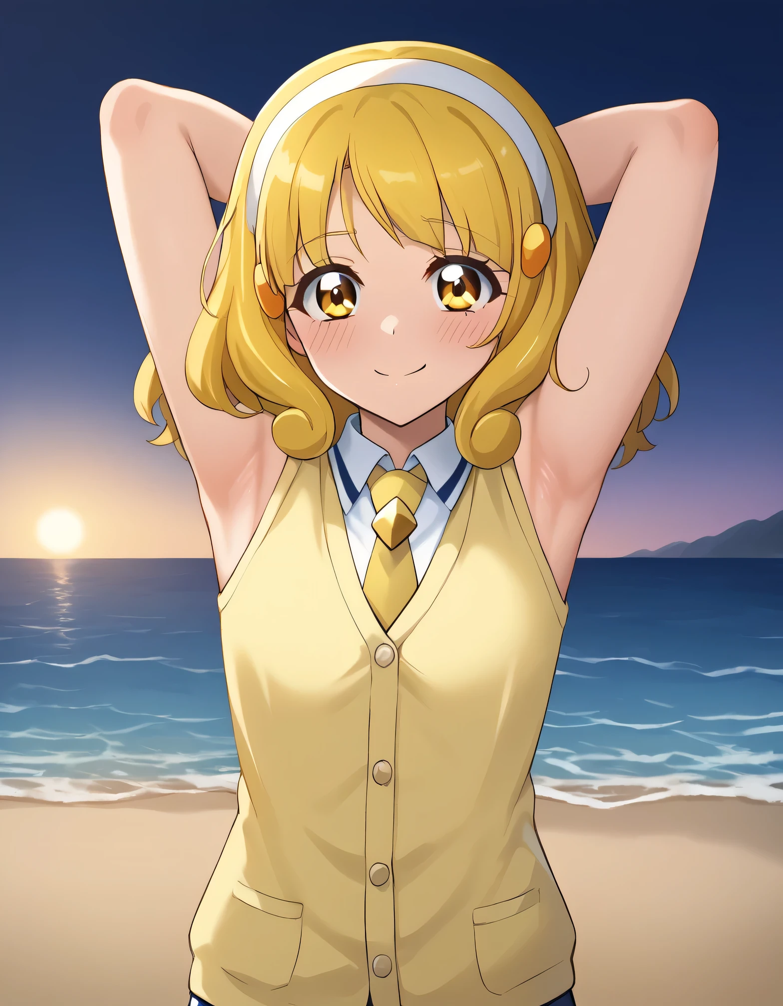 score_9, source_anime, rating_safe BREAK 1girl, solo
kise yayoi, yellow hair, yellow eyes, white hairband, hair ornament, medium hair, nanairogaoka middle , yellow necktie, yellow cardigan, (cowboy shot:1.5), solo, night sky, beach, arm behind head, contrapposto, spread armpits, looking at viewer, best quality, closed mouth, shy, presenting armpit, hand on own armpit, blushing, smile, sleeveless,