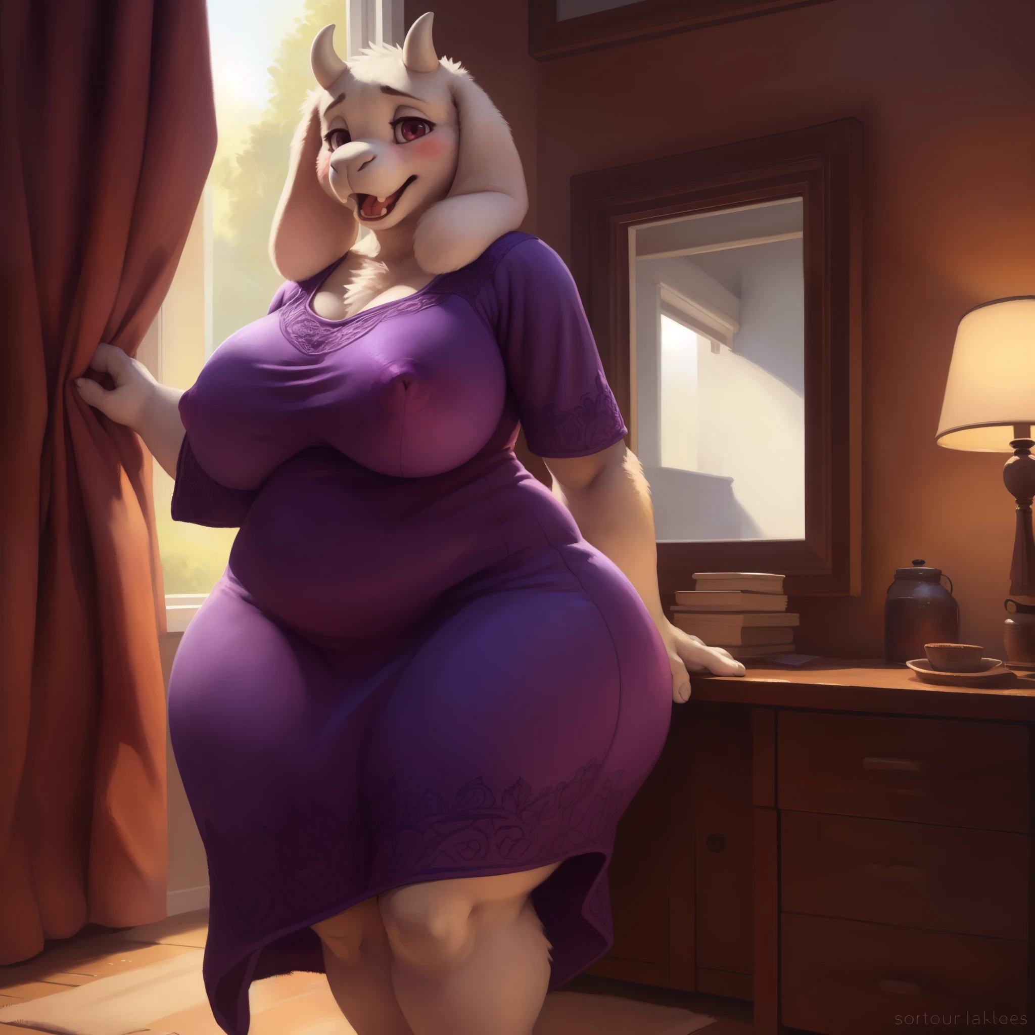 [toriel], [Undertale], [Uploaded to e621.net; (Pixelsketcher), (wamudraws), (woolrool)], ((masterpiece)), ((HD)), ((high quality)), ((solo portrait)), ((feet visible)), ((furry; anthro)), ((detailed fur)), ((detailed shading)), ((beautiful render art)), ((intricate details)), beautiful, (cute), mature, {anthro goat; white fur, white nose, (cute maroon eyes), (short eyelashes), (short horn), short fluffy tail, (big booty), (gorgeous wide hips), (thick thighs), (kenket), (showing ass), (open mouth, blush), (surprise), (frown)}, {(big tits, big breasts, big boobs), (dress, purple dress:1.2), (big butt), (white rune on chest)}, {(standing)), (free hands), (showing tight dress hugging ass), (looking at viewer)}, [background; (in her room), (nipple outlines under dress), (ambient lighting)], (big ass), (wide hips), (thong covered by dress), (thick thighs),
