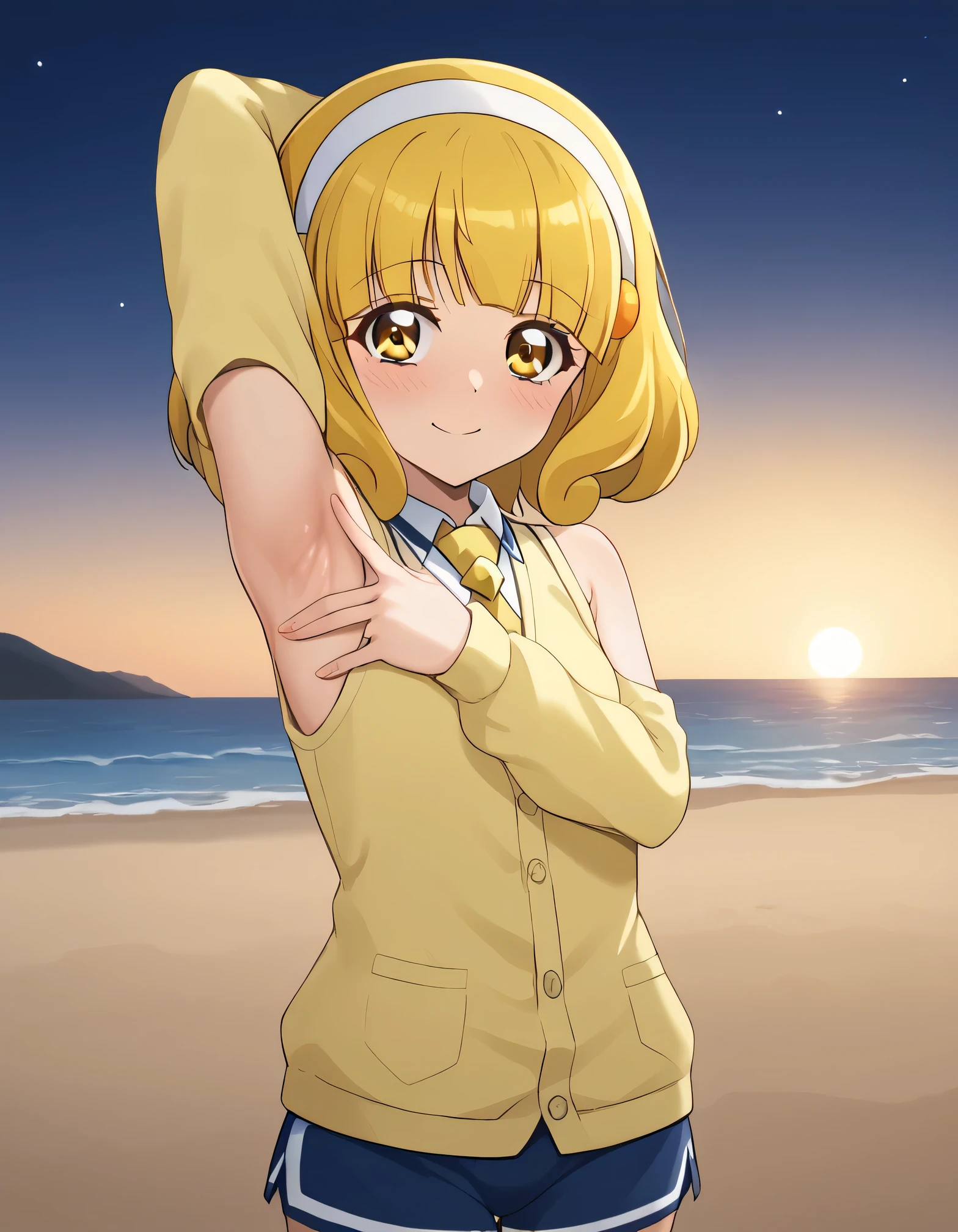 score_9, source_anime, rating_safe BREAK 1girl, solo
kise yayoi, yellow hair, yellow eyes, white hairband, hair ornament, medium hair, nanairogaoka middle , yellow necktie, yellow cardigan, (cowboy shot:1.5), solo, night sky, beach, arm behind head, contrapposto, spread armpits, looking at viewer, best quality, closed mouth, shy, presenting armpit, hand on own armpit, blushing, smile, sleeveless,