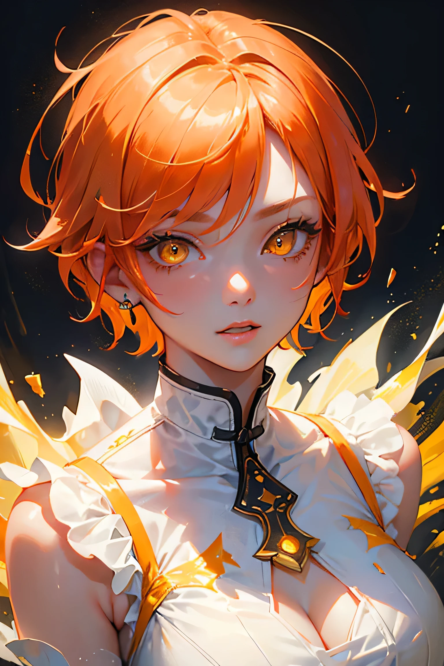 masterpiece, highest quality, so beautiful、Latest、Orange Hair, short hair, ((Glowing yellow eyes))、Adult woman wearing a white dress、Face close-up、Bullish expression、Mature and cool