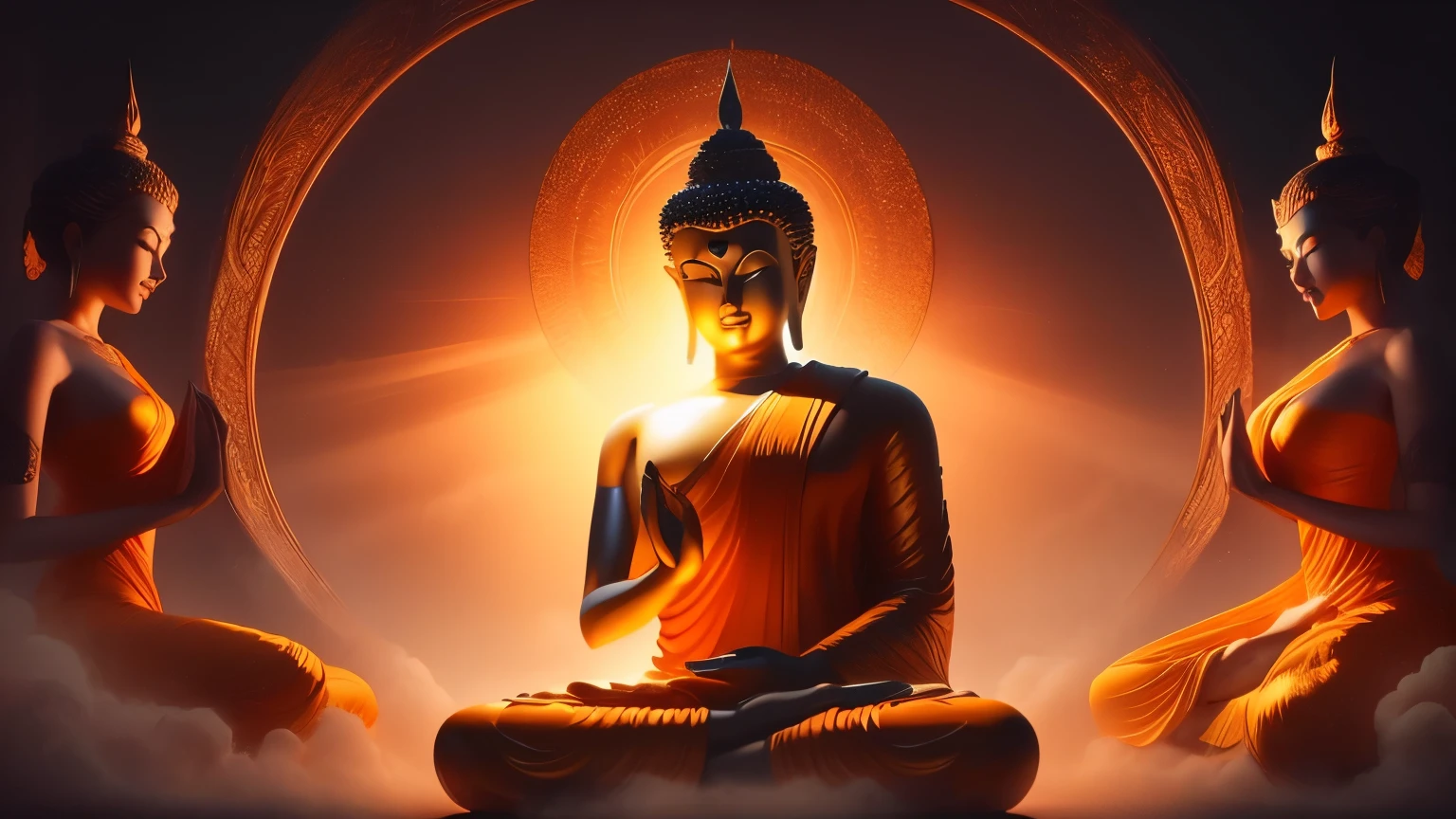 High quality images
The image of the Buddha statue is looking sideways and clasping his hands together, the surrounding yellow tones radiate smoke, the details of a vague sparkling illusion effect, half real and half virtual, have a sparkling aura surrounding the lotus stem.