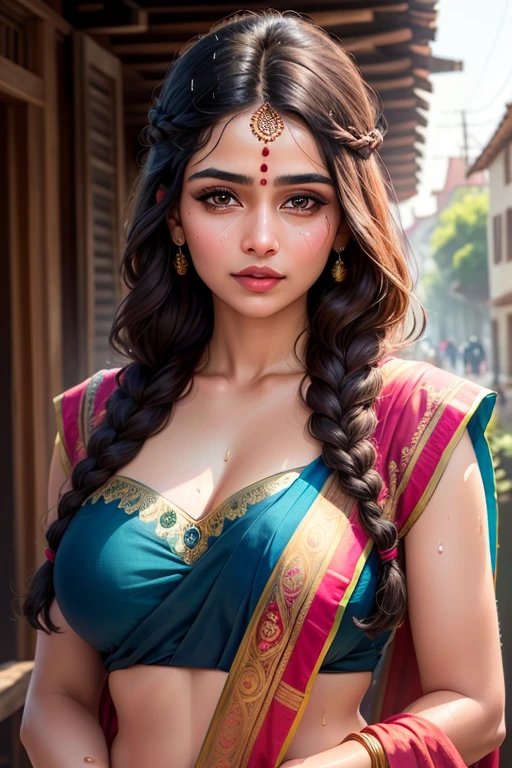 ((best quality)), ((masterpiece)), (detailed), perfect face Beautiful indian woman, portrait, wearing saree, detailed face, cute, big eyes, iconic, photorealistic, Village,old fashioned,detailed background, minimal clothing, wet body, long braid hair, curvy body, symmetric face, masterpiece, 8k, ultra realistic,