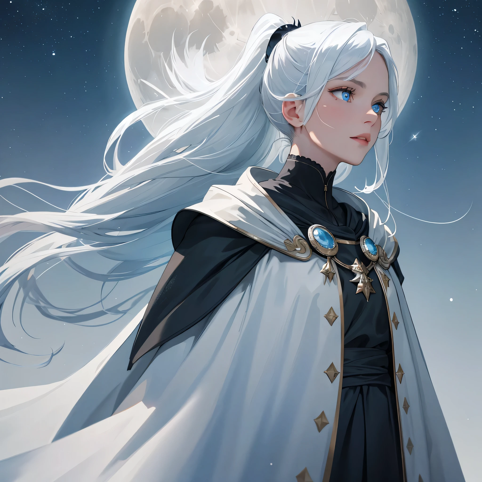 Masterpiece (Best Quality: 1.2),
(Super Fine: 1.2) Film Angle,
Floating in a Delicate Sky,
(Beautiful Detail Eye: 1.1) cast under Detail Light,
A Woman with White Hair and Blue Eyes,
Her High Ponytail glistening,
Cloak billowing around her,
Glowing Eyes reflecting the Moon (1.2),
(Moonlight: 1.1) illuminating her features,
Starry Sky filled with Light Particles (1.1),
Fog and snow painting the distant landscape,
Sketching a moment of serene beauty
