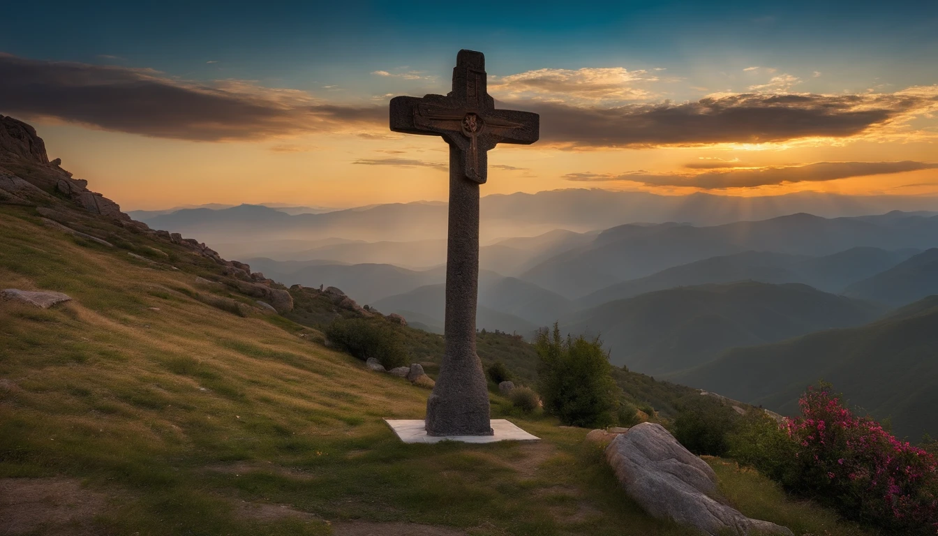 Cross of Jesus Christ on the mountain, Landscape, without people, beautiful weather, summertime, morning, dawn over the mountains, beautiful clouds, eagle flies in the sky
