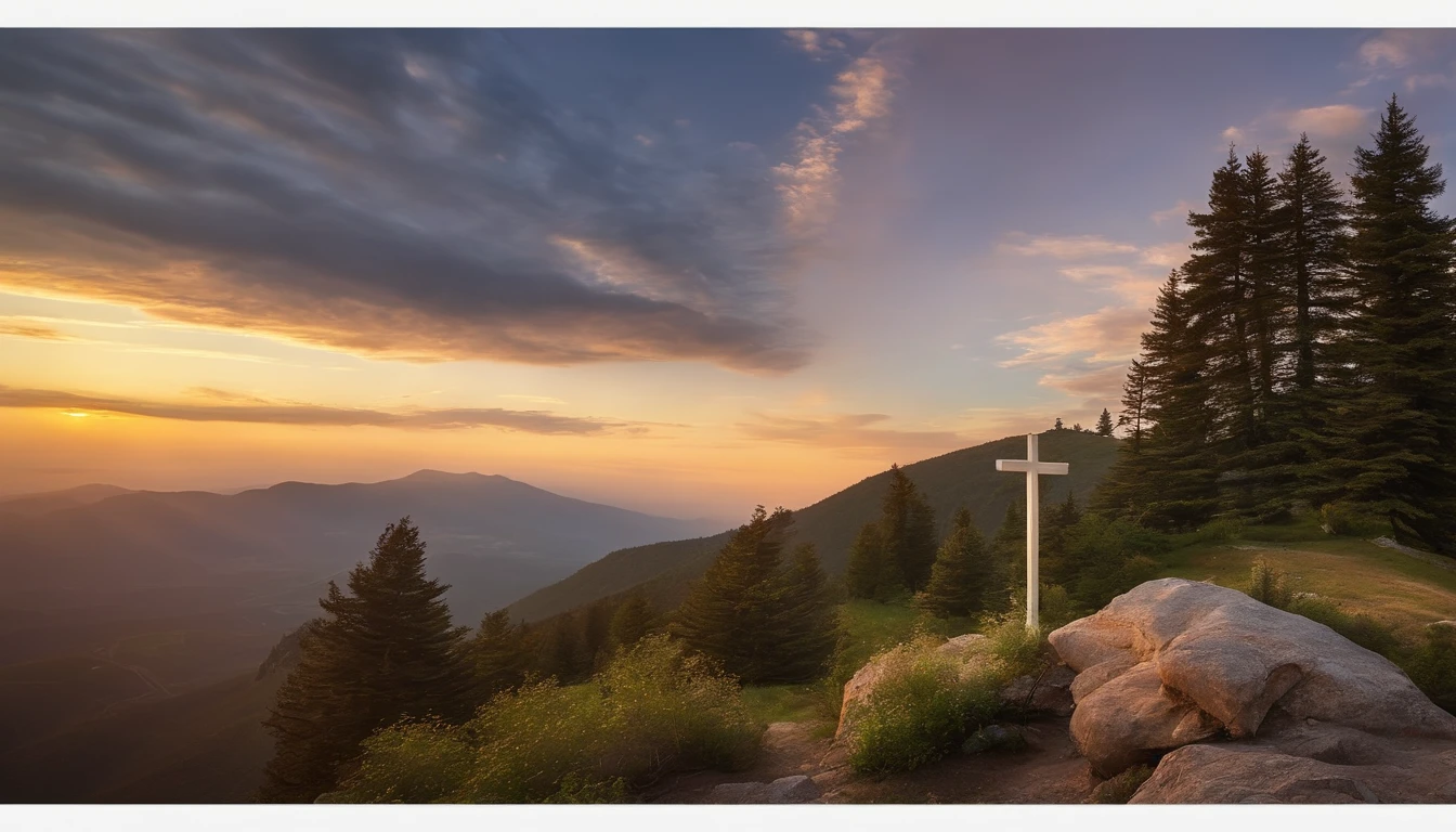 Cross of Jesus Christ on the mountain, Landscape, without people, beautiful weather, summertime, morning, dawn over the mountains, beautiful clouds, eagle flies in the sky